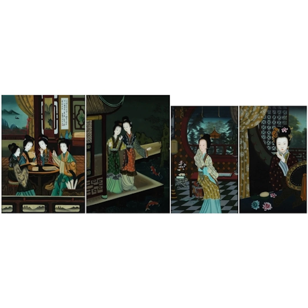 Four Japanese reverse glass paintings of Geishas, framed and...