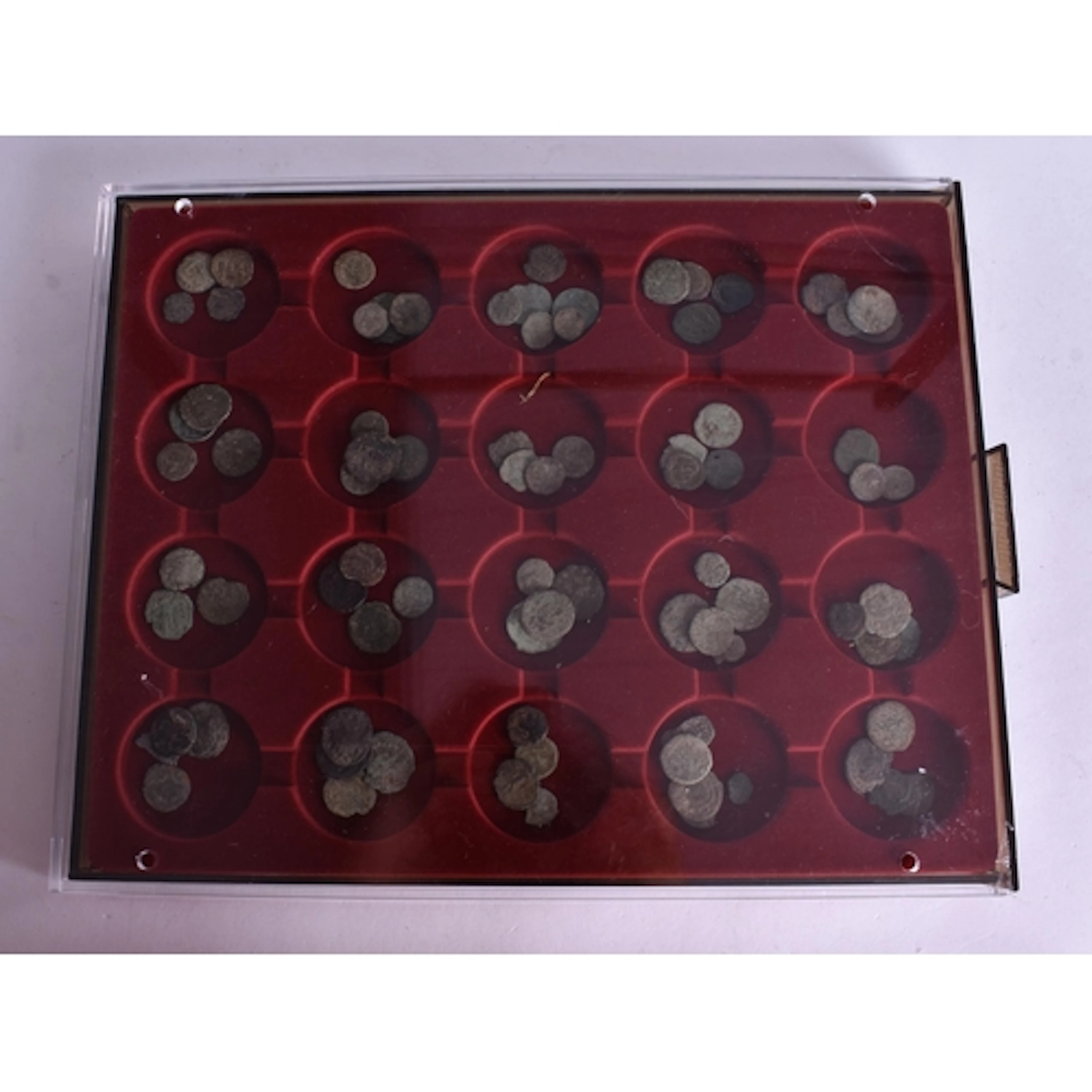 A Display Tray containing Roman Coins. Tray 24cm x 30cm