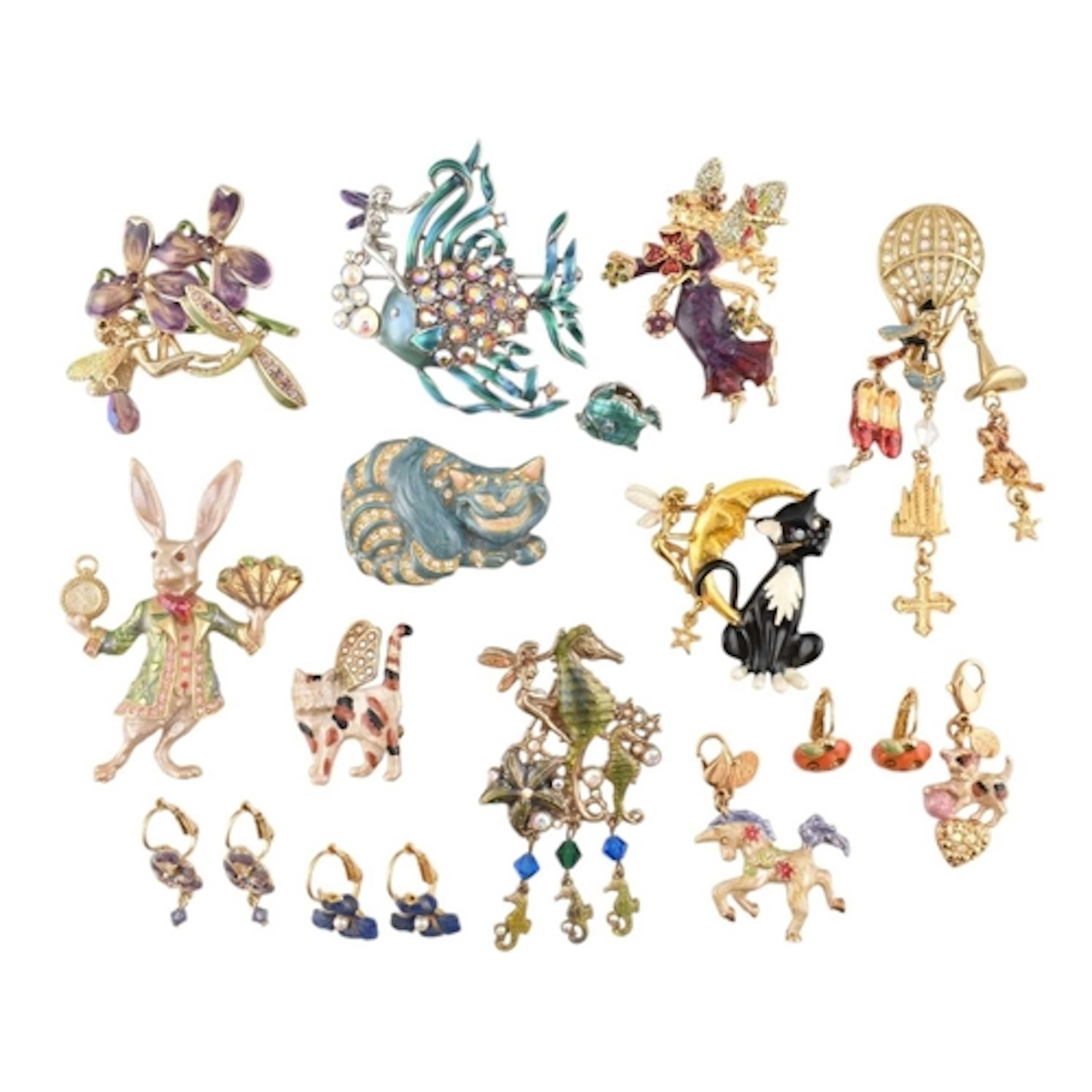 A selection of kirks Folly enamel brooches, earrings and cha...
