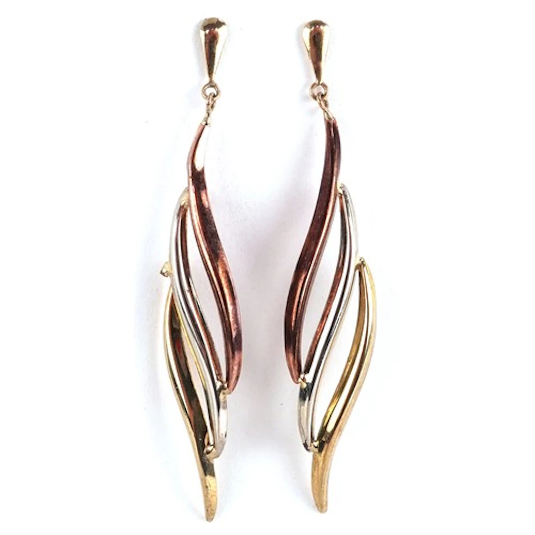 Pair of yellow metal drop earrings, marked 9ct gold to the b...