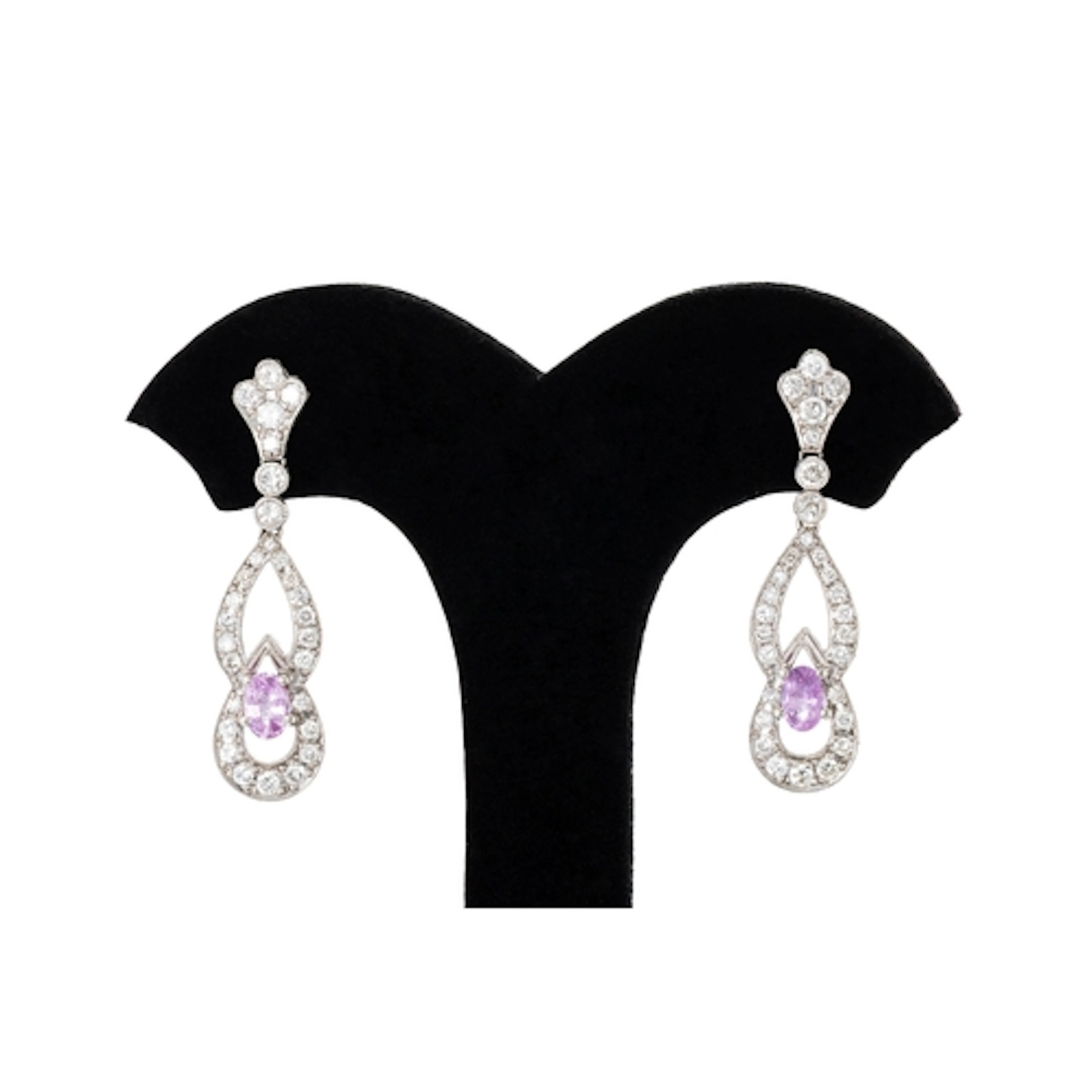 A PAIR OF PINK SAPPHIRE AND DIAMOND DROP EARRINGS, of open w...