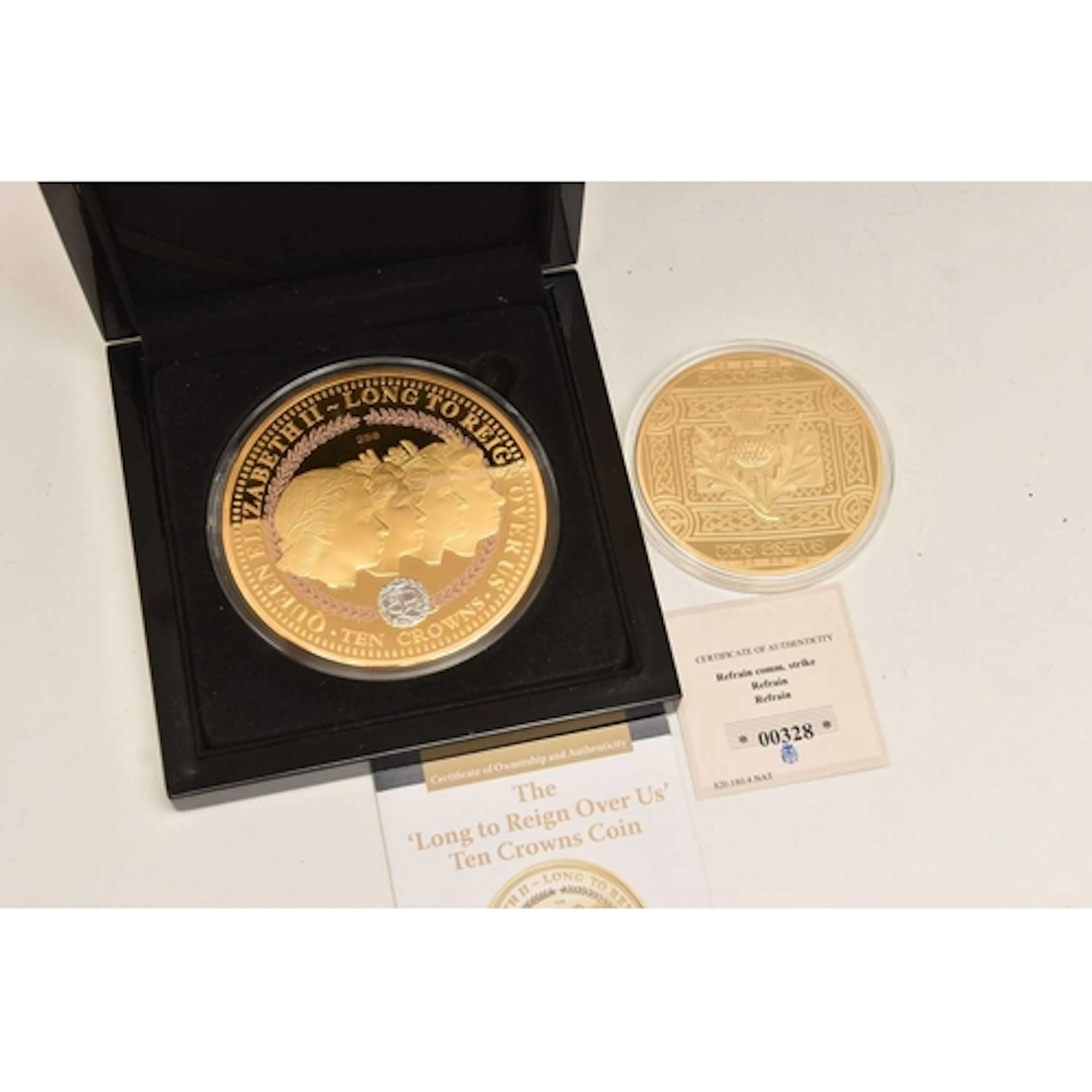 TWO LARGE GOLD PLATED COINS, to include a boxed 'Long To Rei...