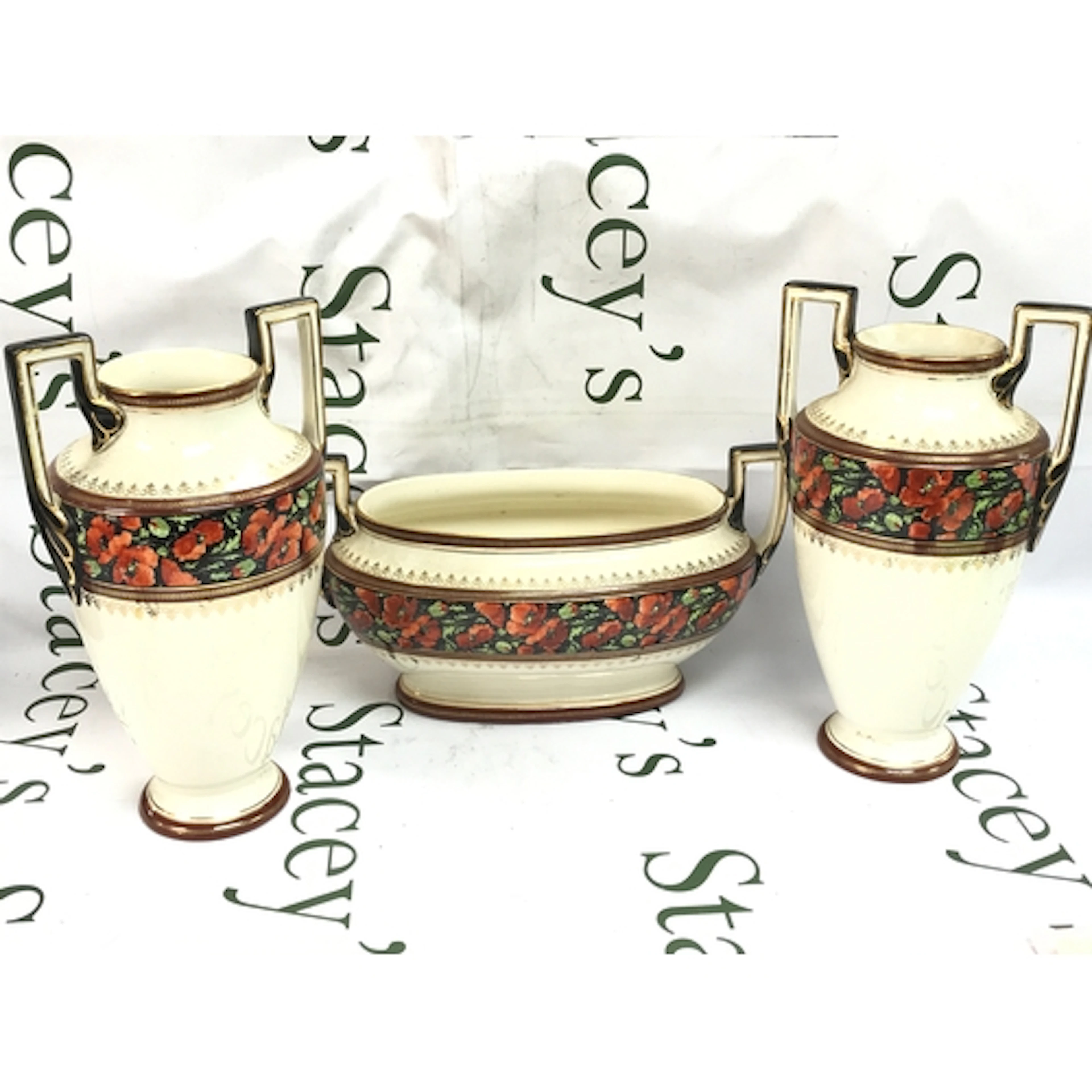 Belgian Boch F La Louviere urn 33cm wide and vases 29cm tall...