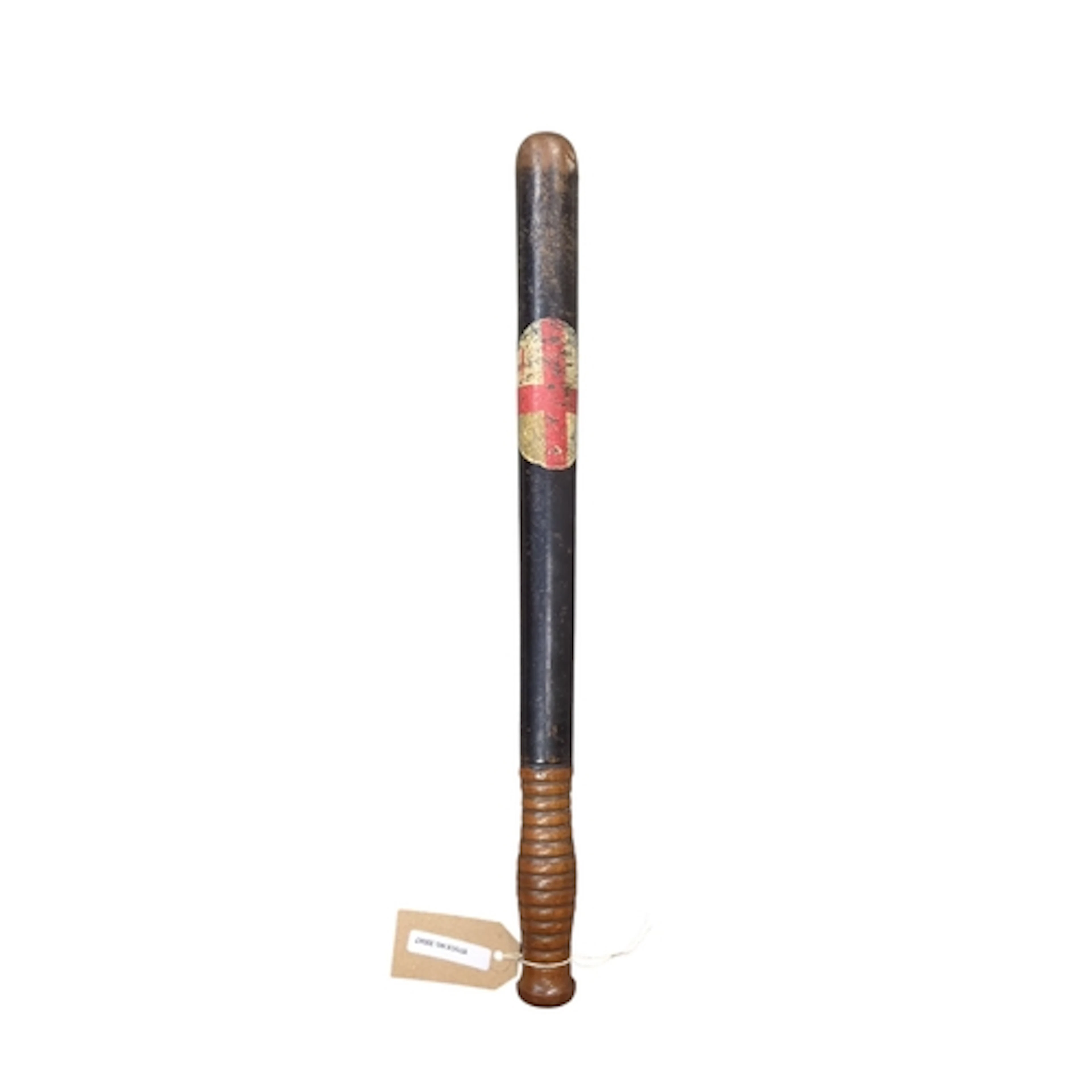 Painted wooden truncheon with rounded head, black shaft bear...