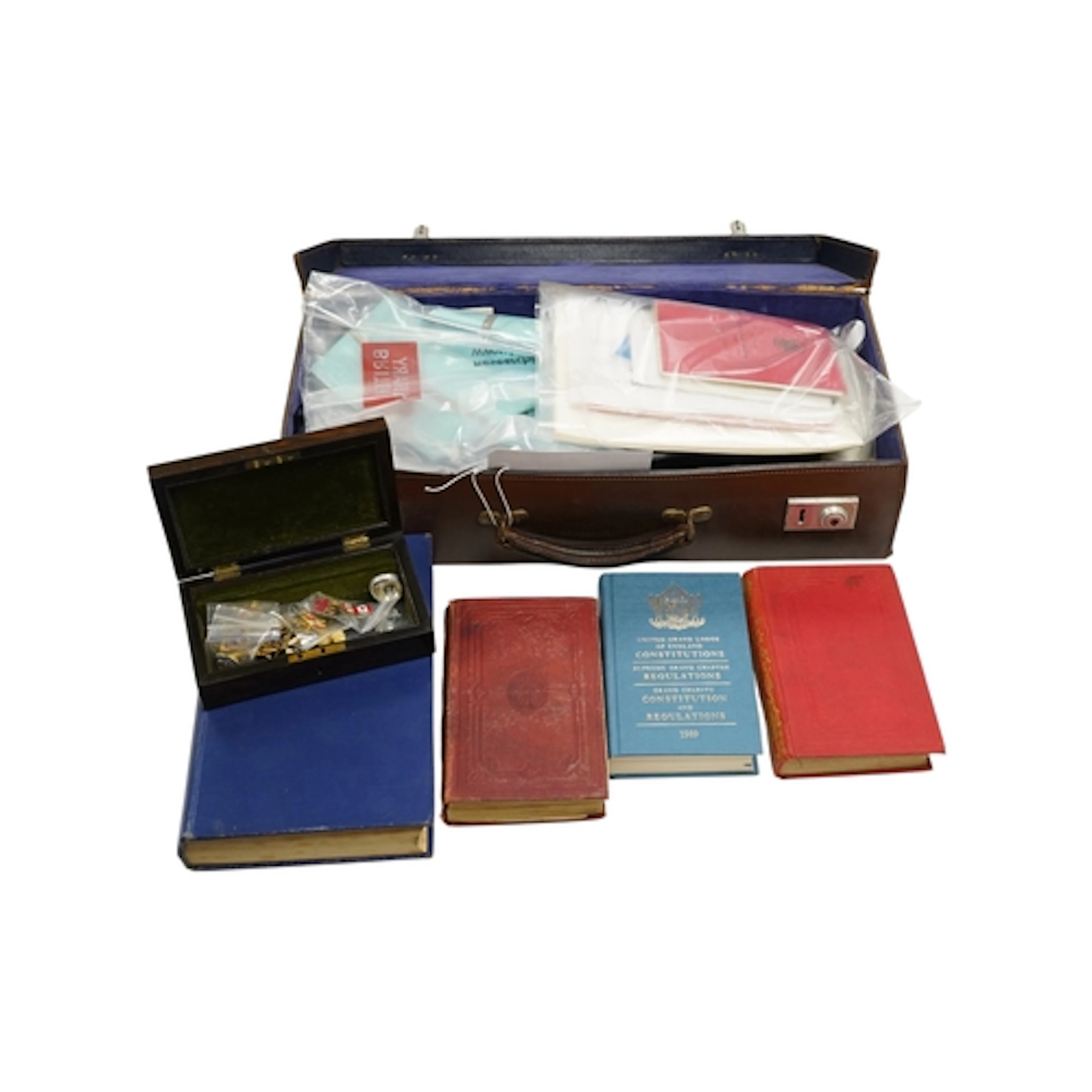 A group of Masonic regalia and books