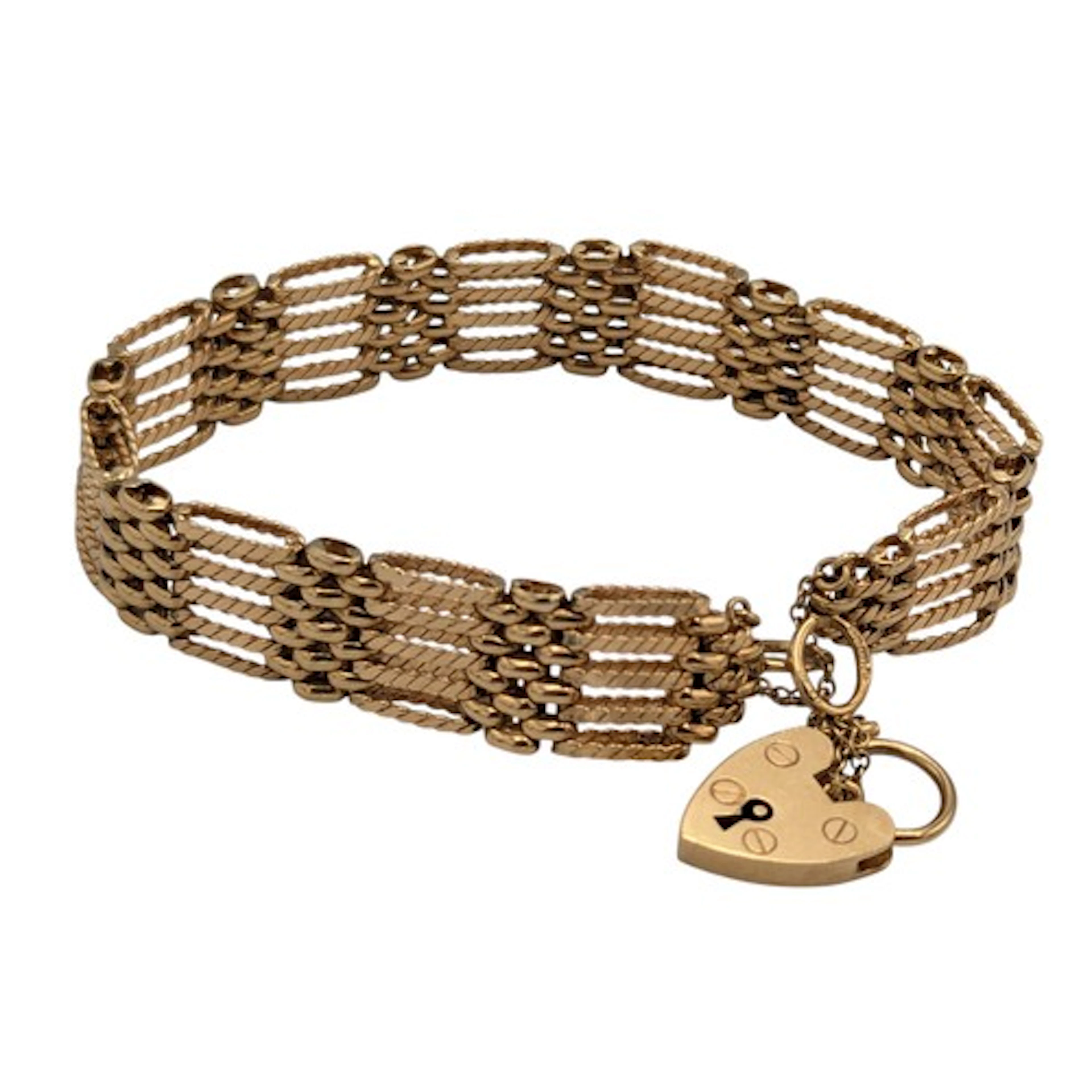 A 9ct gold fancy textured link five bar gate bracelet, padlo...