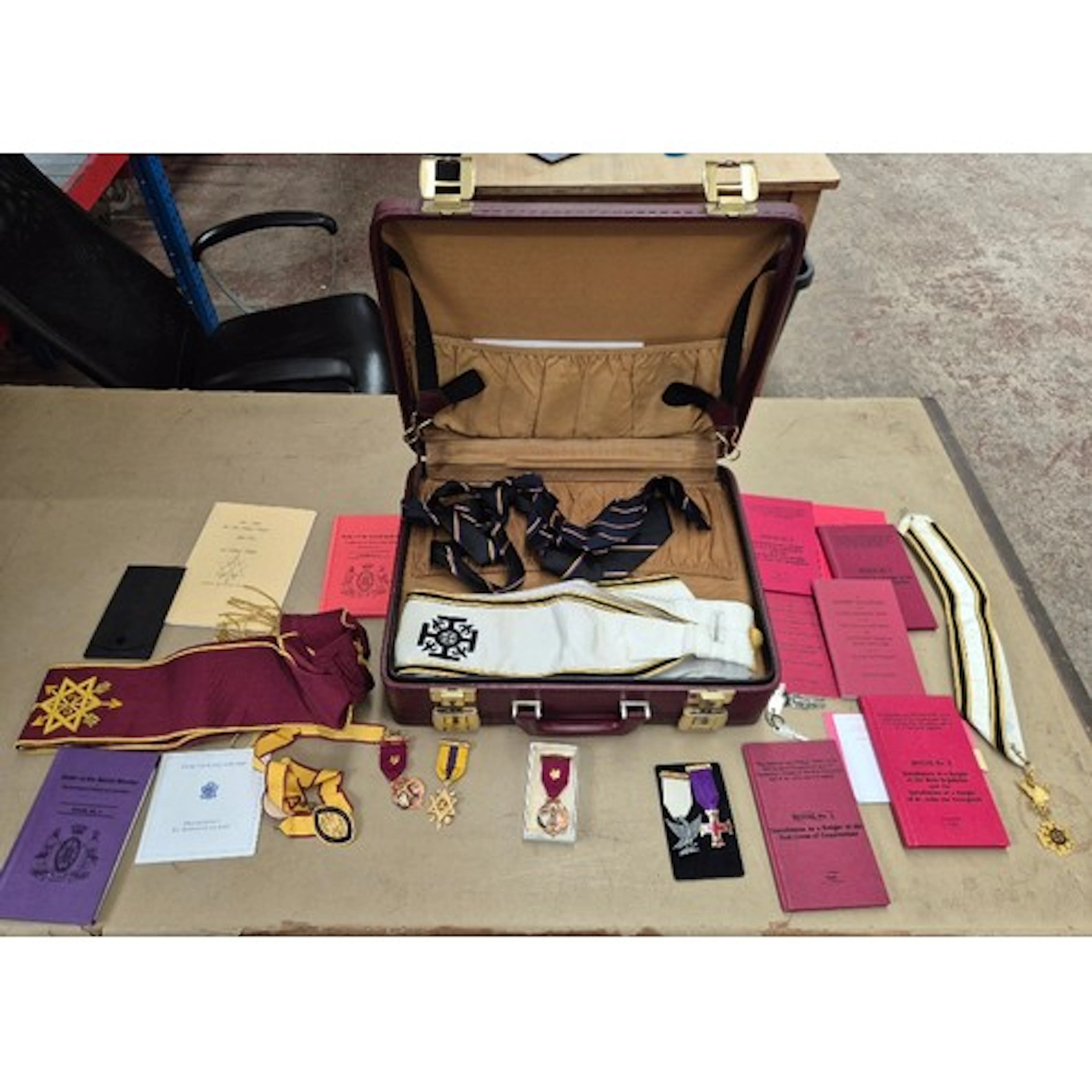A case of assorted Masonic regalia to include medals etc.