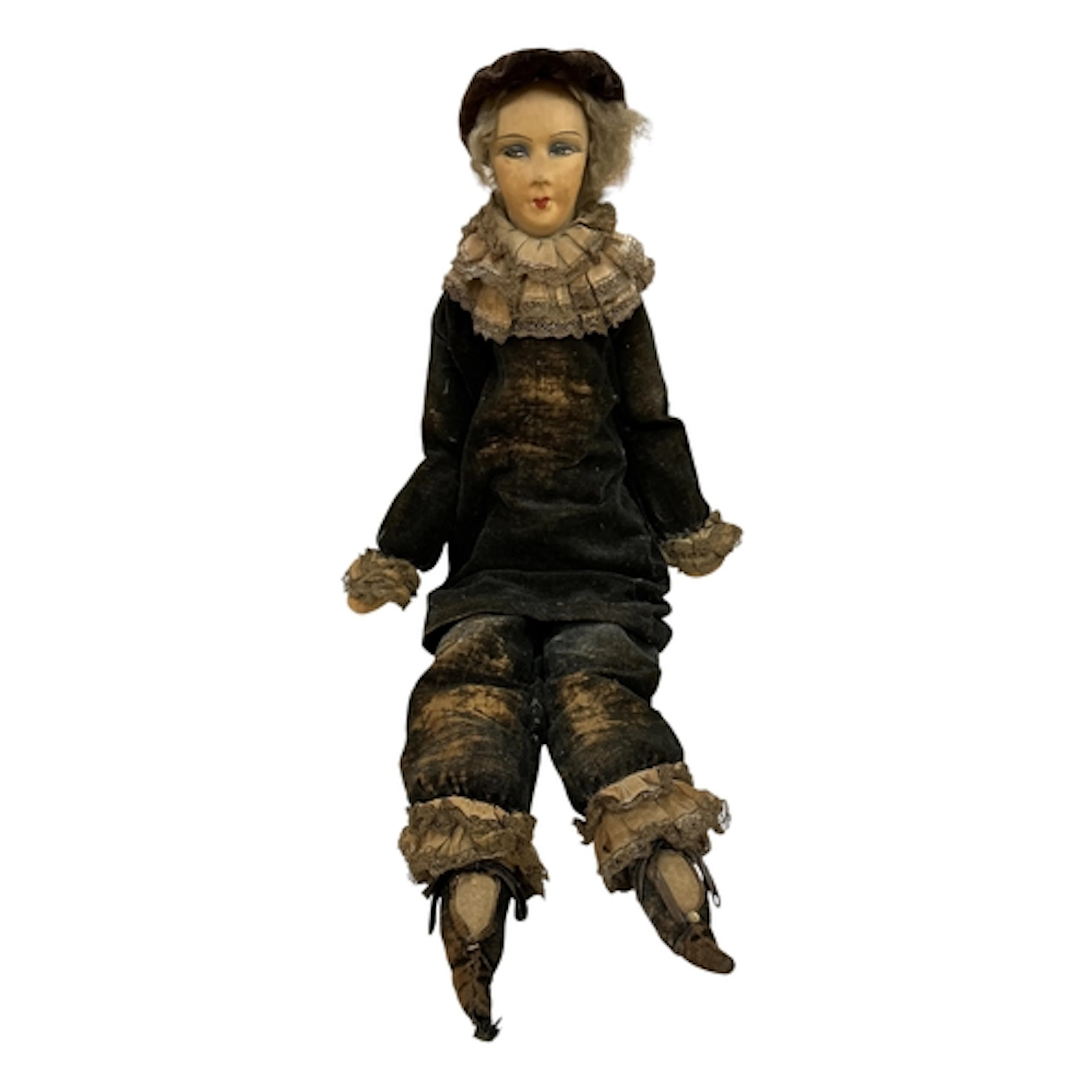 An early 20th century French doll, cloth body with painted f...
