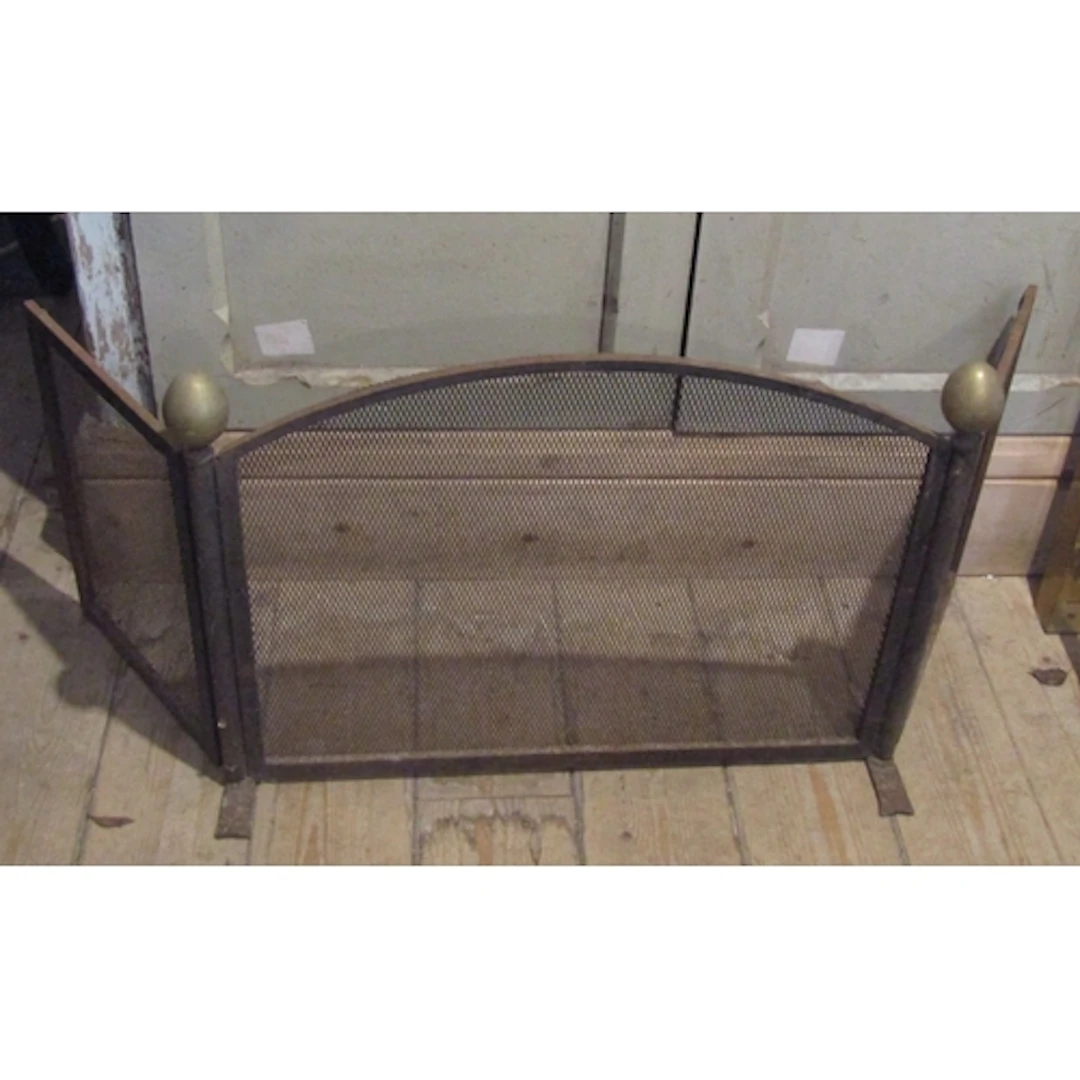 Folding Fire Screen Wrought Metal with Brass Finial Decorati...