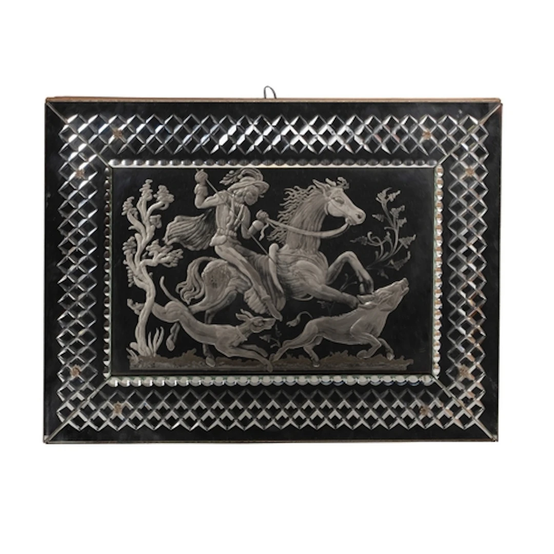 A reverse cut and etched glass rectangular wall mirror, 20th...