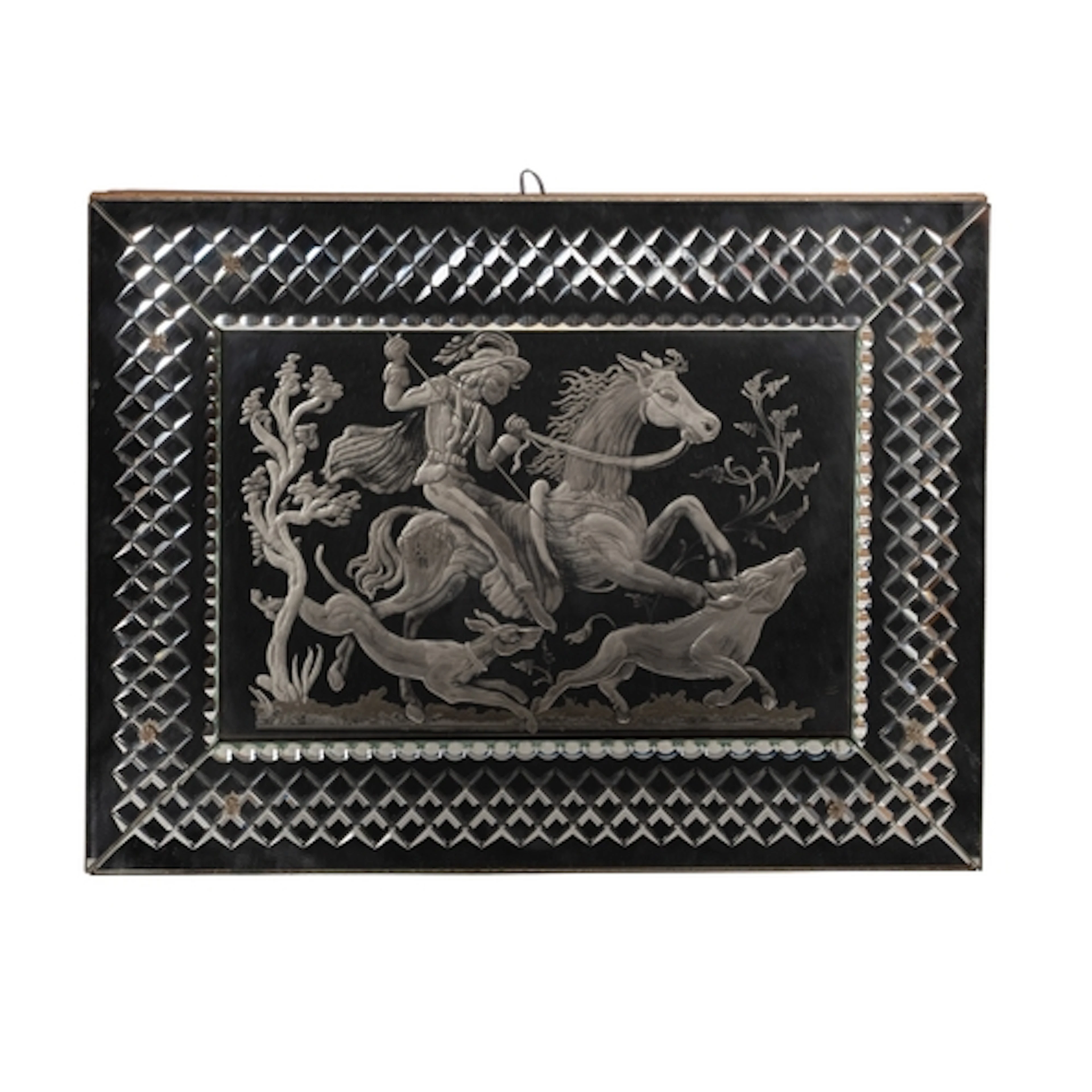 A reverse cut and etched glass rectangular wall mirror, 20th...