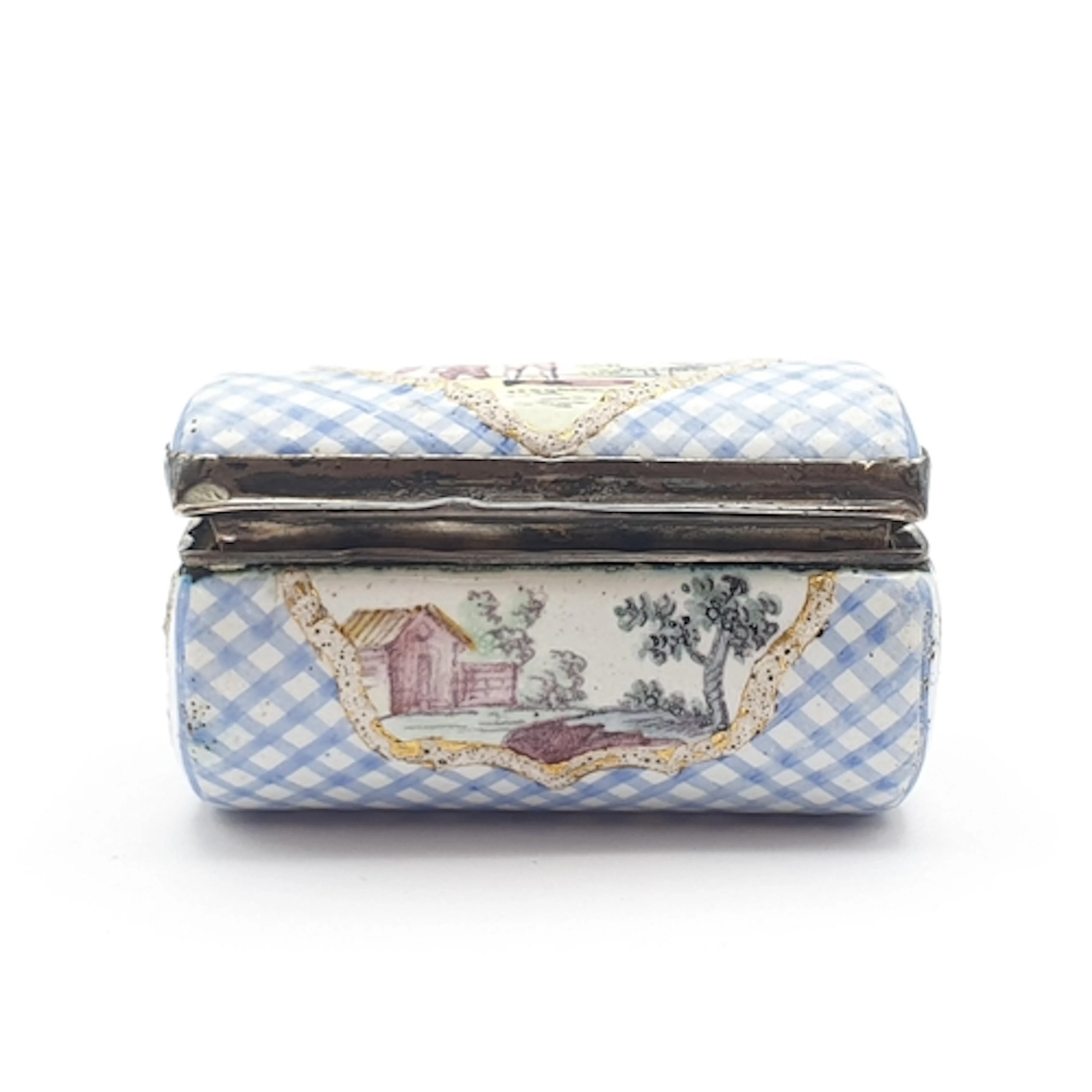 An 18th Century enamel Patch Box with white metal mounts, de...