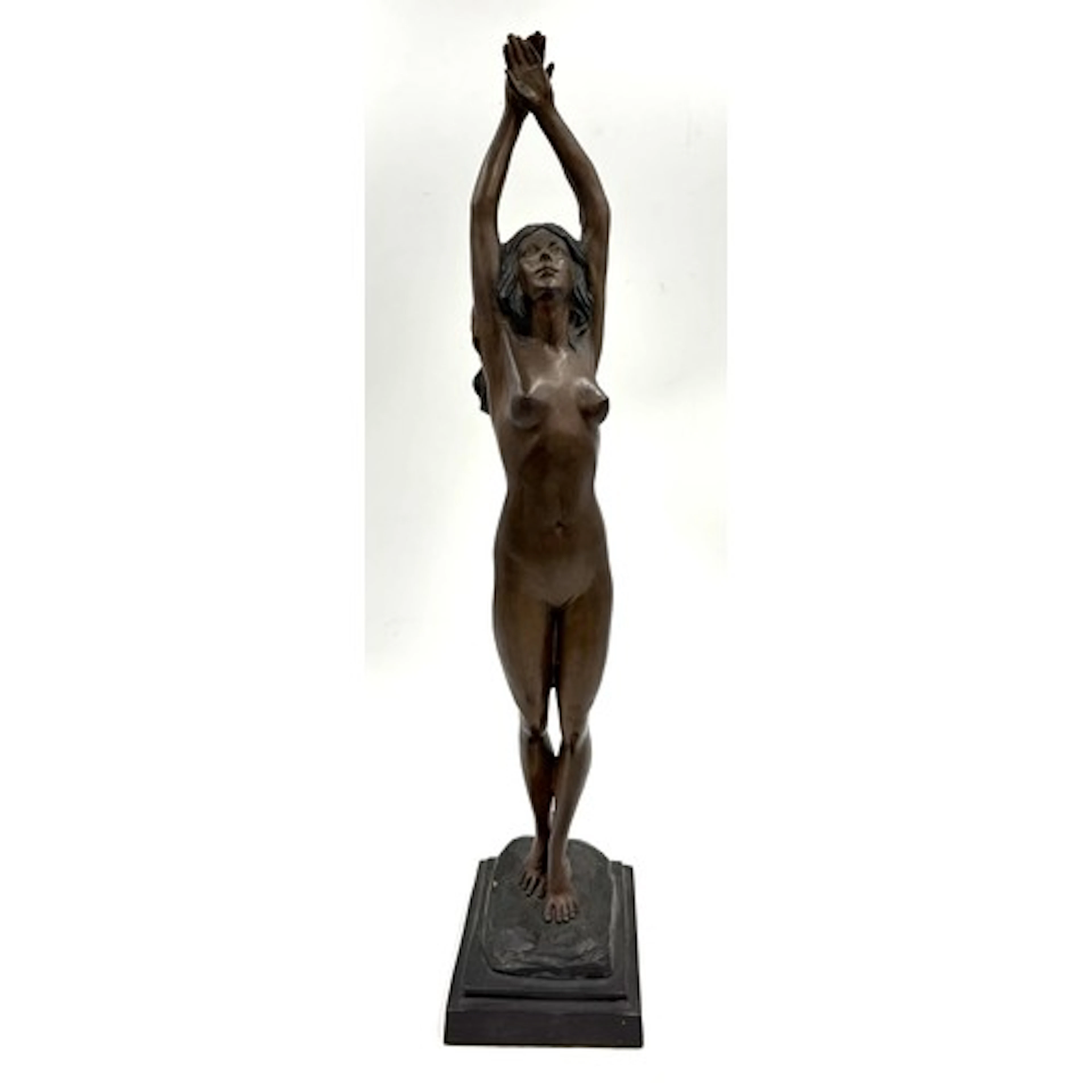Metal sculpture of posing nude female model. 54cm h, 14cm x ...
