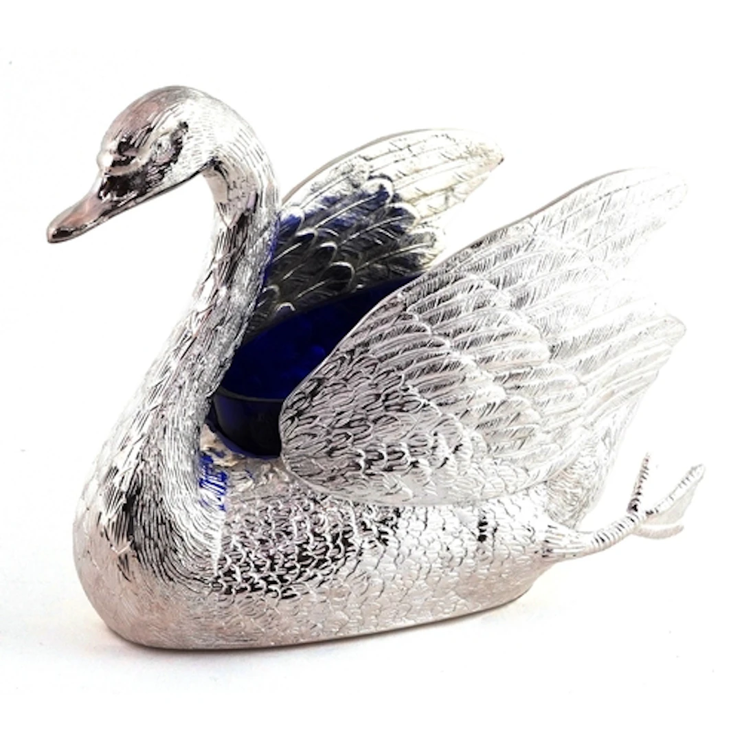 Silver plated open table salt in the form of a swan, with bl...