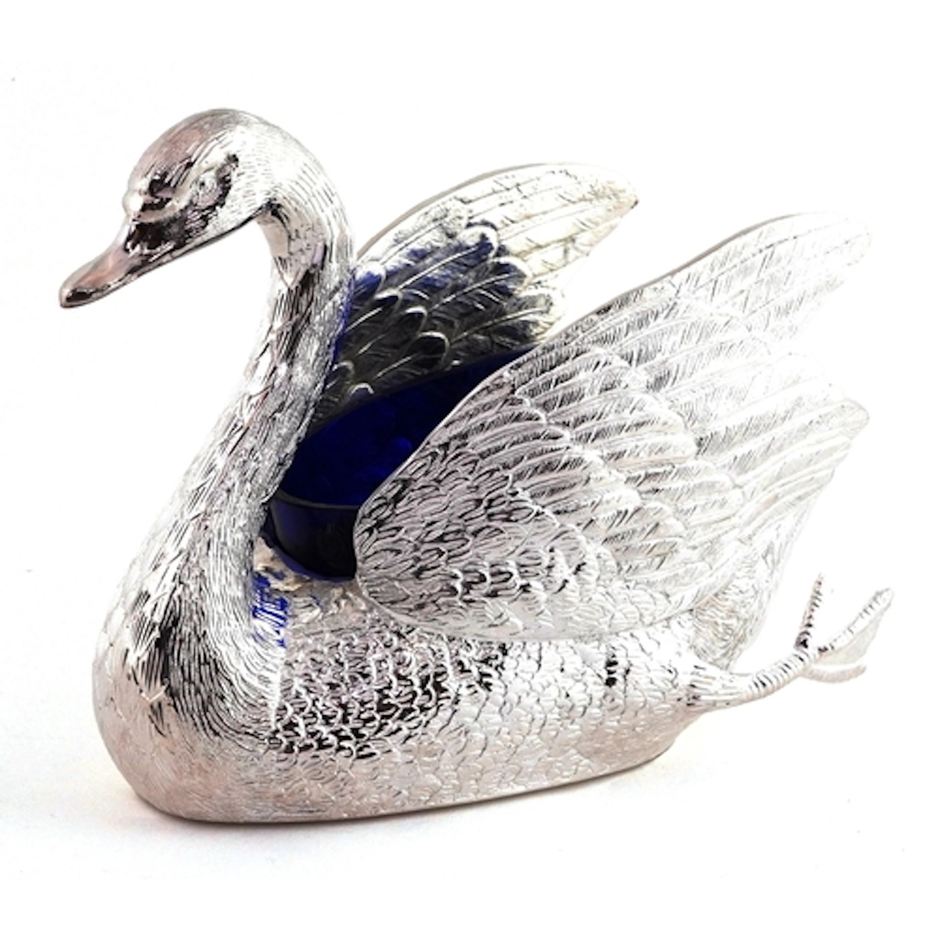 Silver plated open table salt in the form of a swan, with bl...