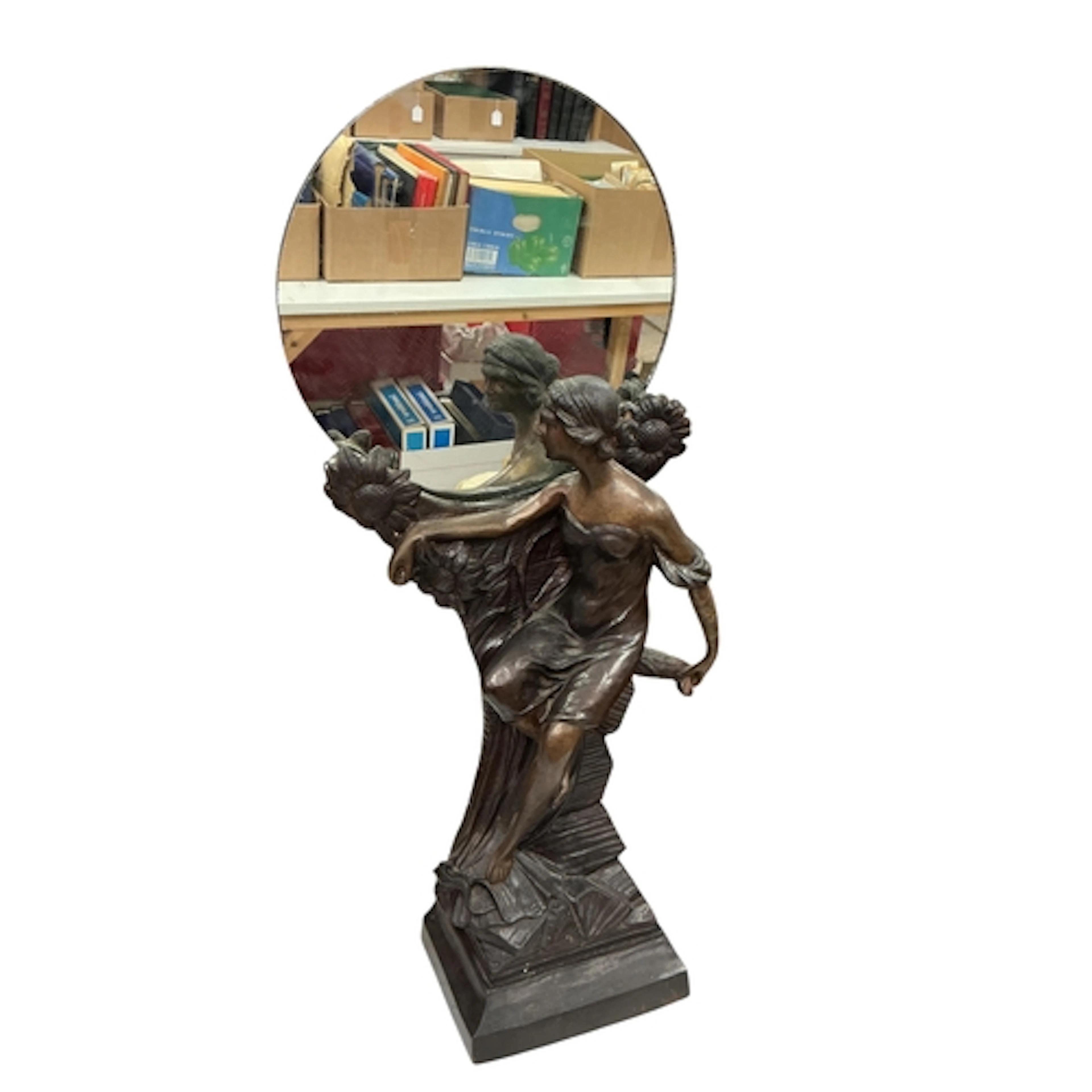 An Art Nouveau style bronze figural mirror with detachable c...
