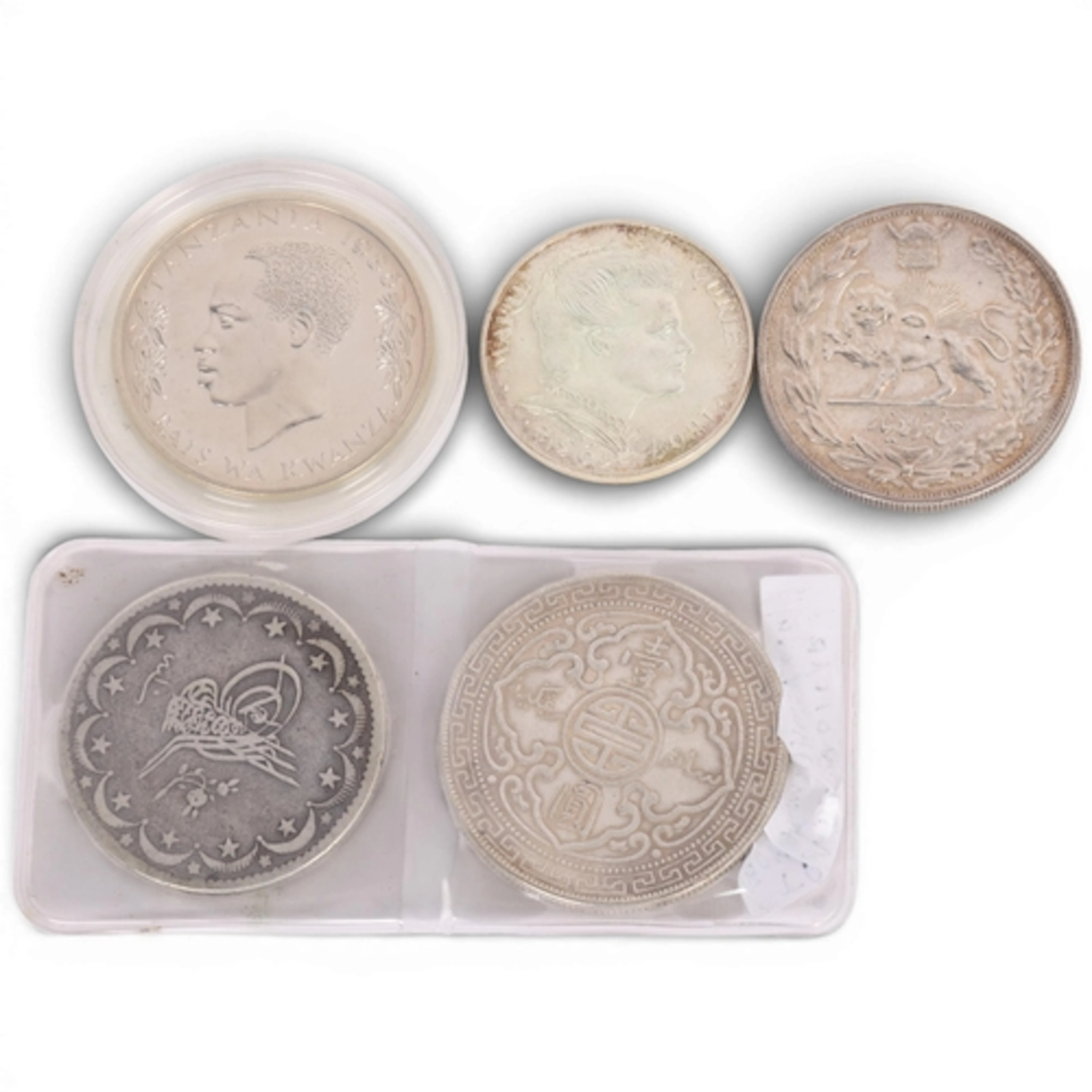 5 world coins, including Iran Reza Pahlavi silver 5000 Dinar...