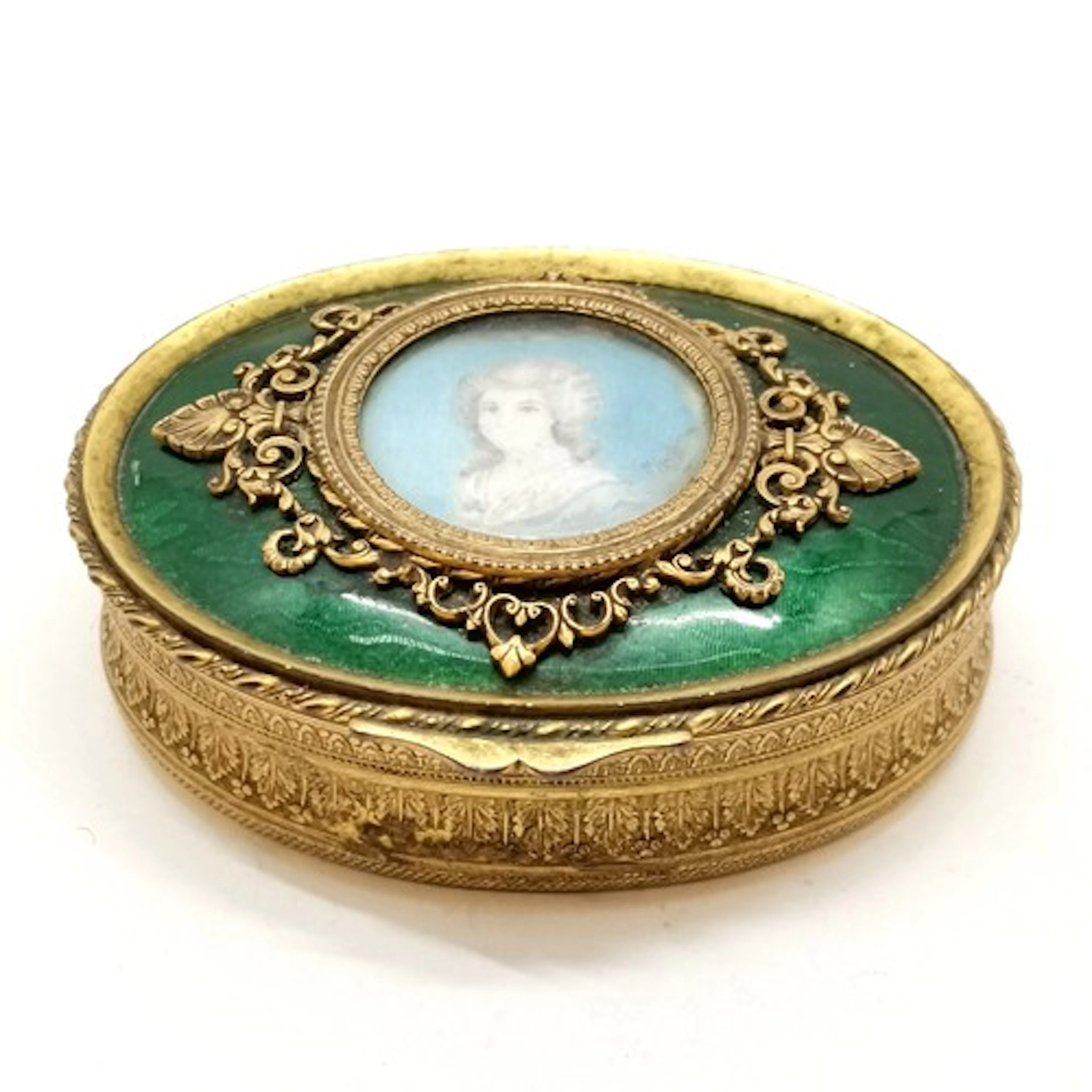 Antique French ormolu trinket box with miniature portrait pa...