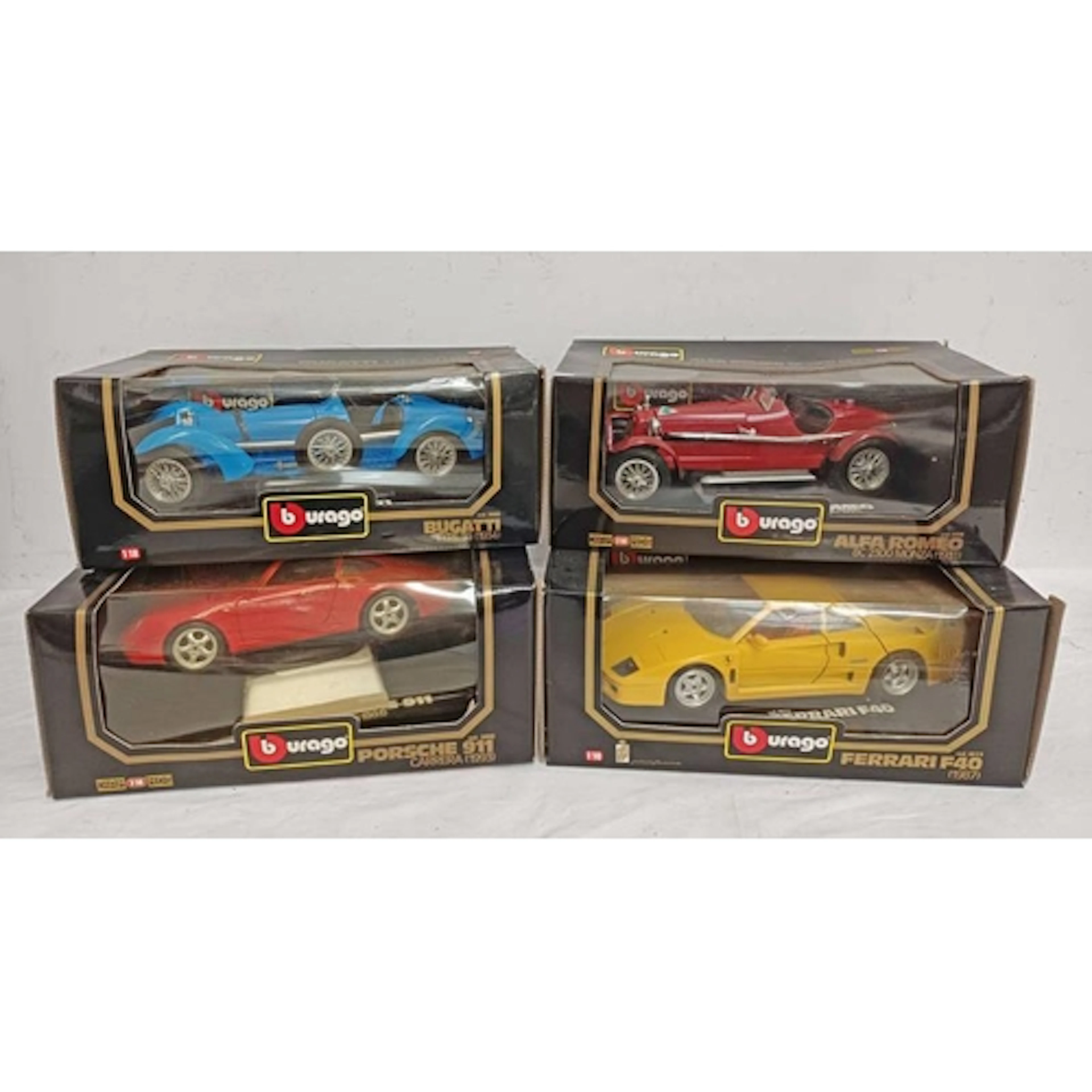 4 BURAGO 1:18 SCALE MODEL CARS INCLUDING FERRARI F40 (1987) ...