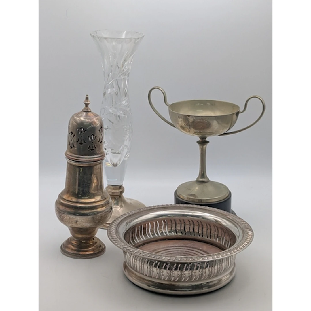 Silver and silver plate to include a crystal tulip vase, hav...
