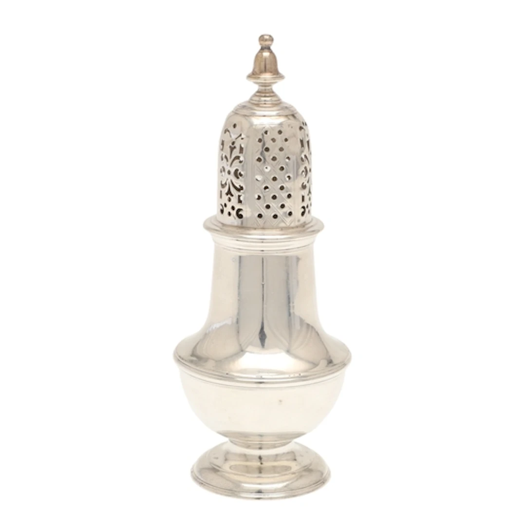 A GEORGE II SILVER SUGAR CASTER. Of baluster form with a dec...