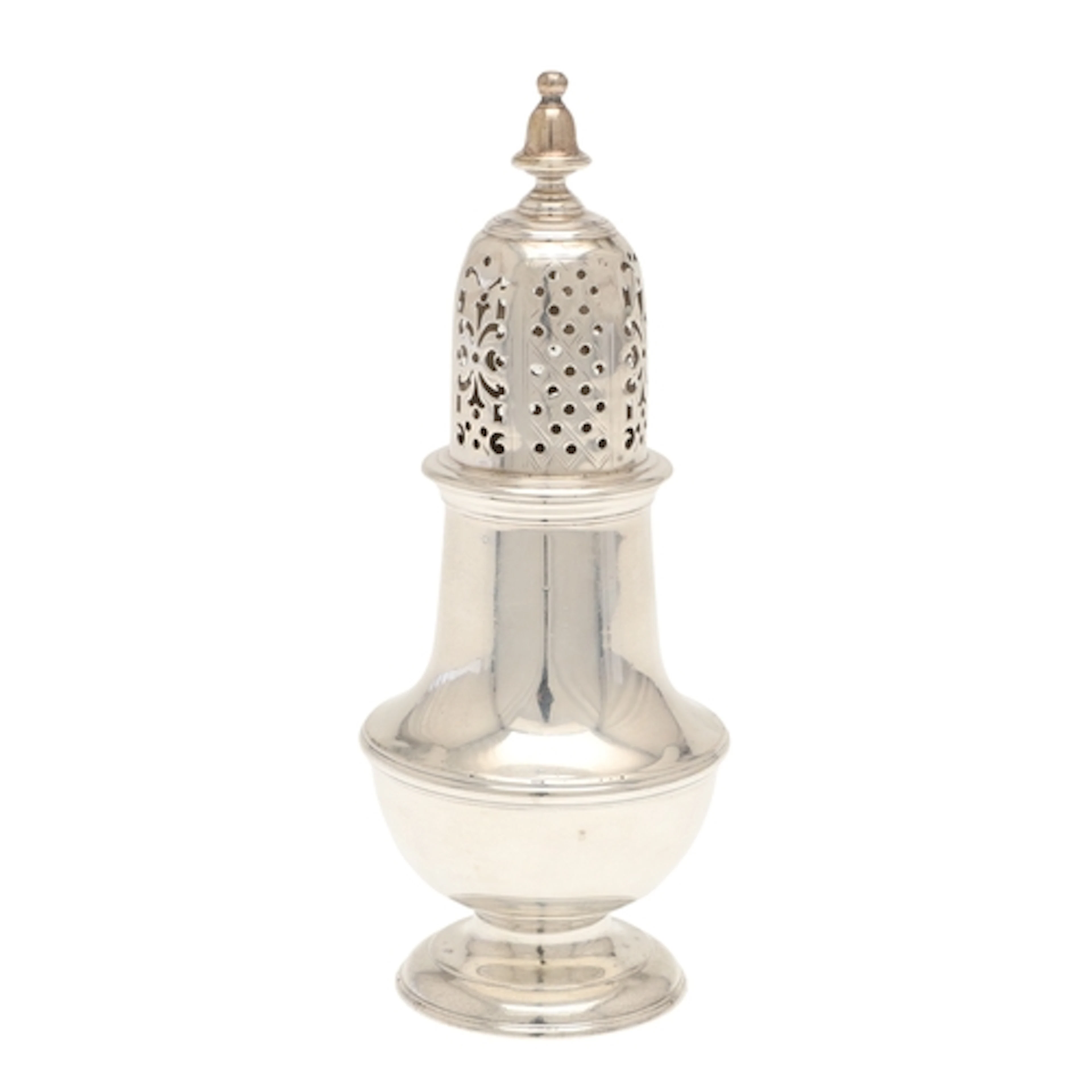 A GEORGE II SILVER SUGAR CASTER. Of baluster form with a dec...