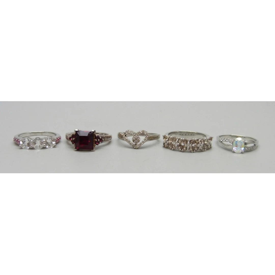 A collection of five silver TGGC and other gemstone rings, 1...