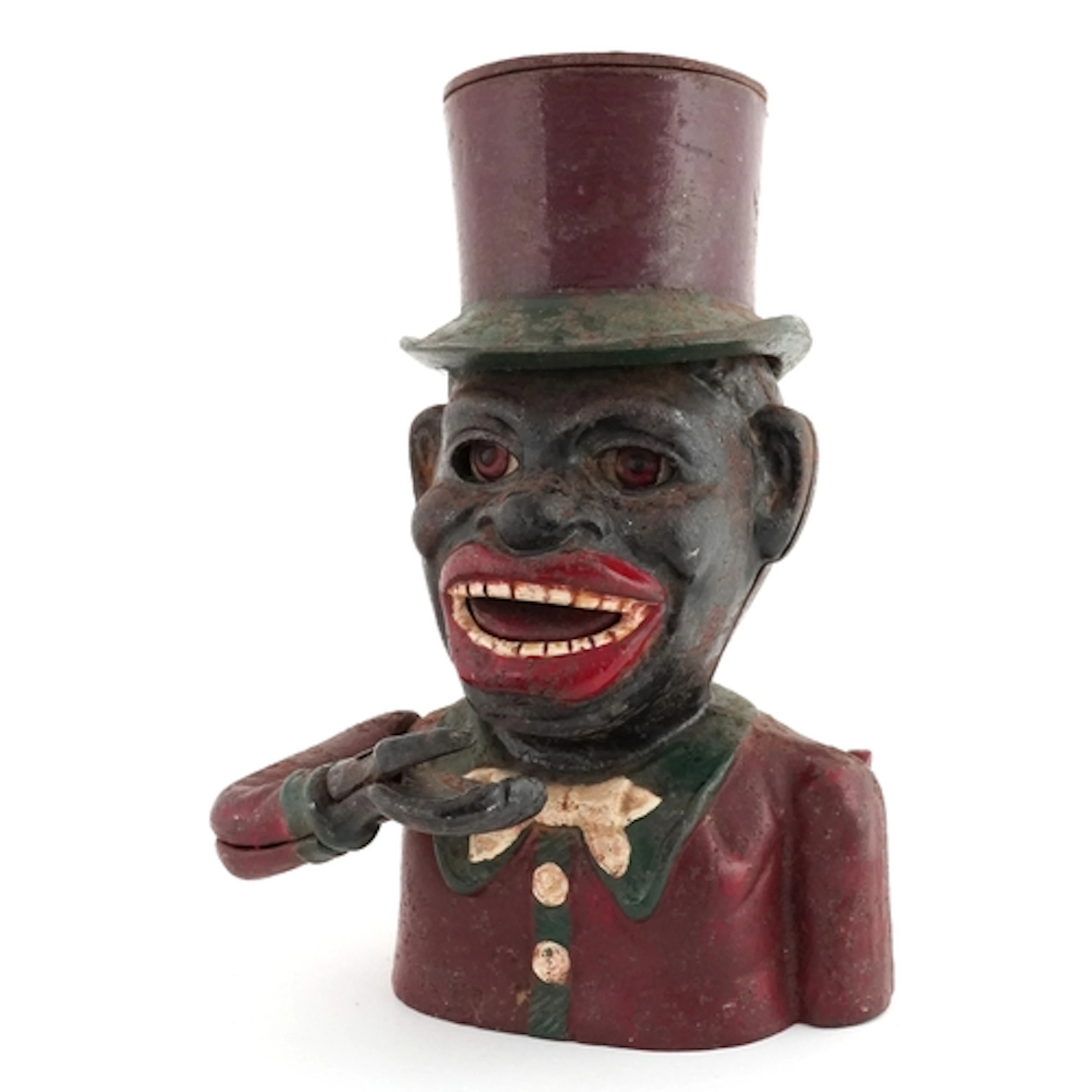 Cast iron Jolly Man novelty money box hand painted in red an...