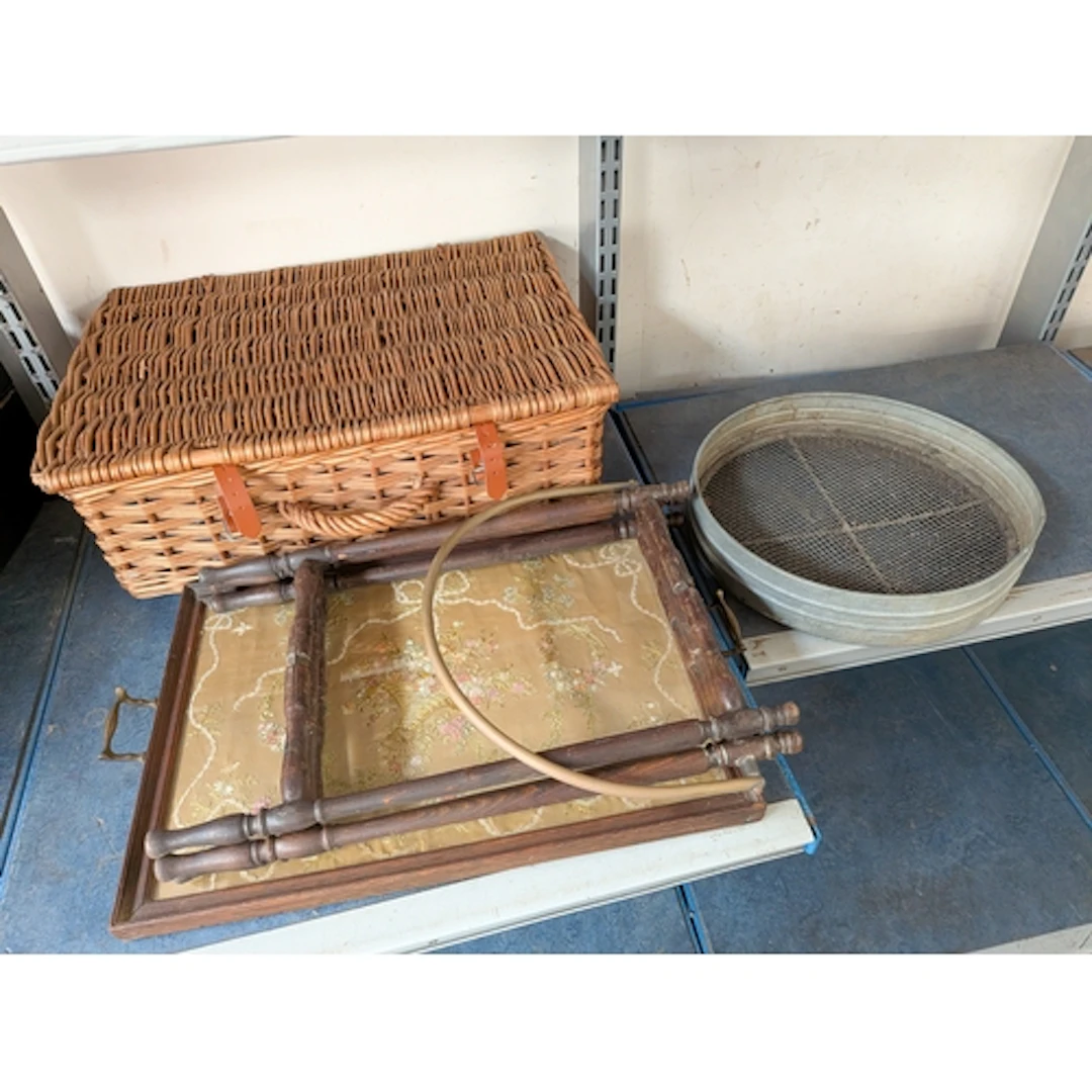 Wicker picnic basket, floral silk glazed tray etc