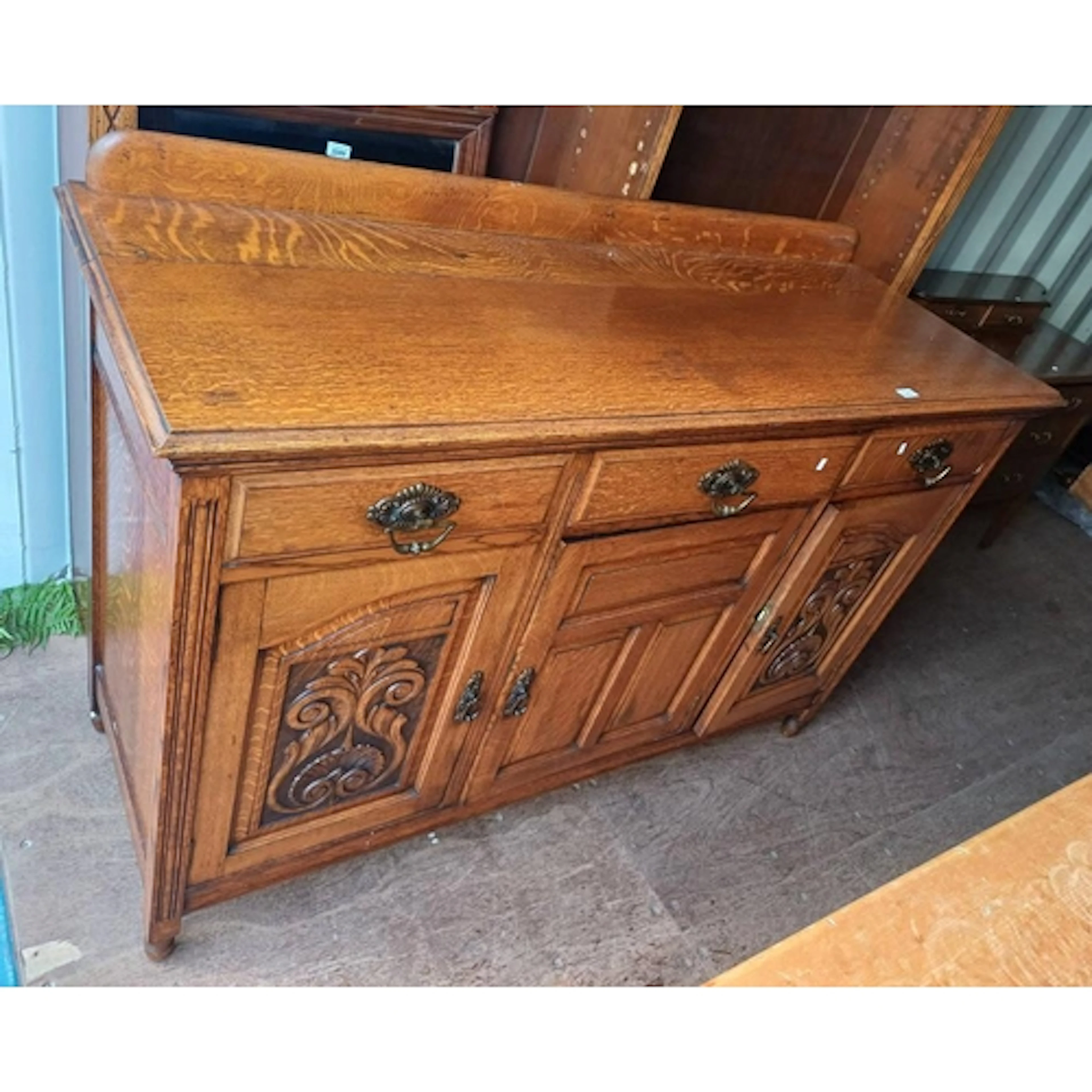 LATE 19TH CENTURY OAK RAIL BACK SIDEBOARD WITH 3 DRAWER OVER...
