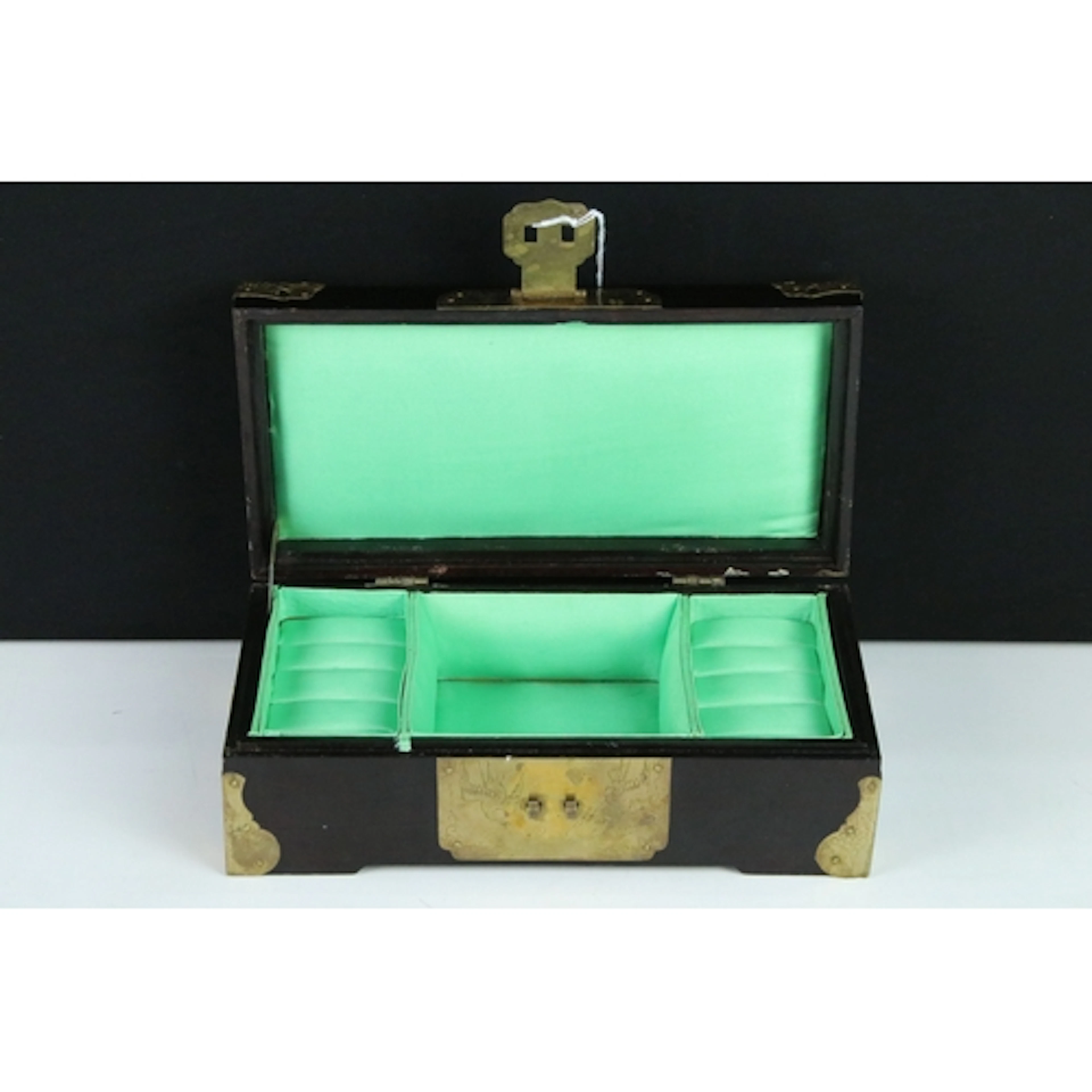 20th century Chinese hardwood and brass bound jewellery box,...