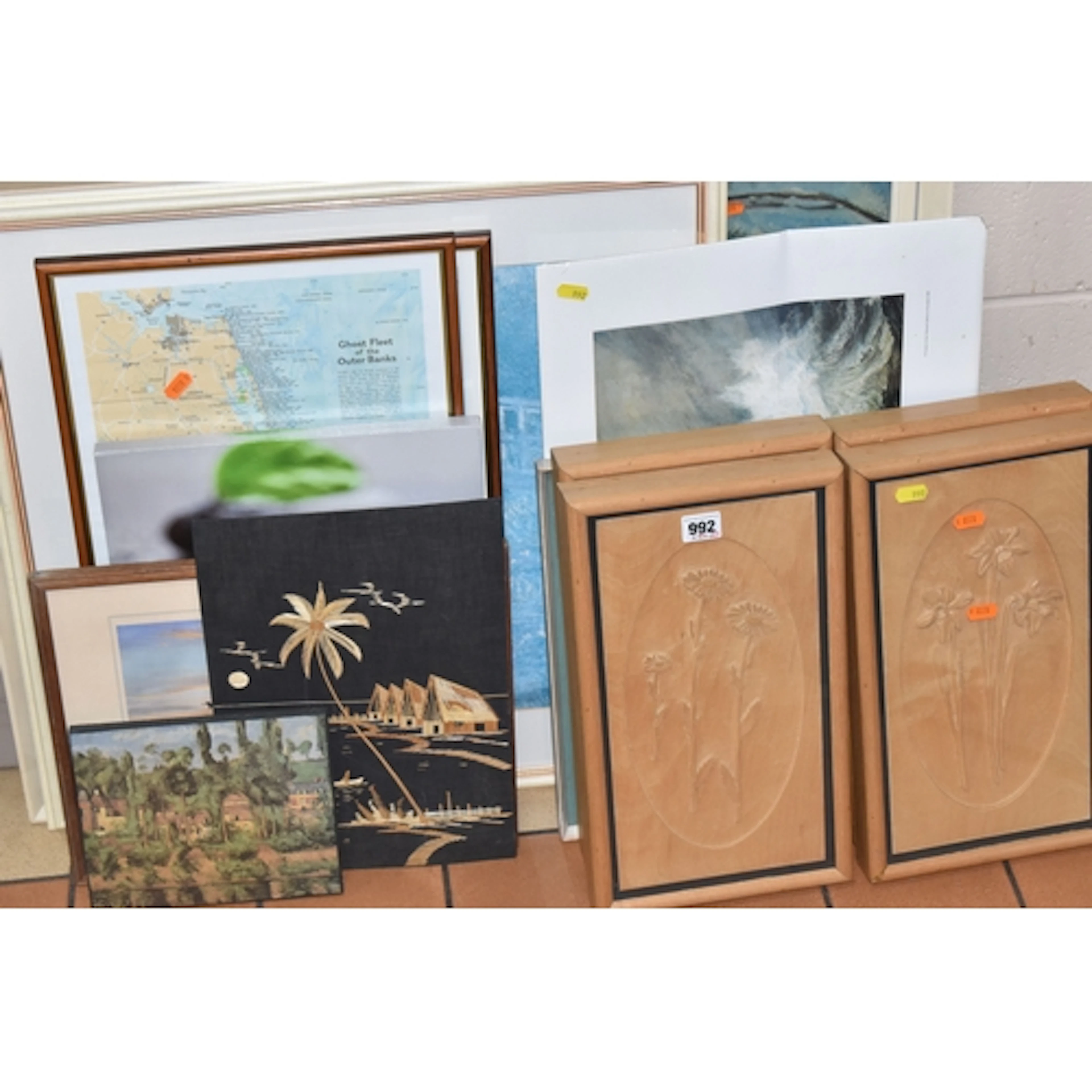 PICTURES AND WOOD CARVINGS ETC, to include an oil on canvas ...