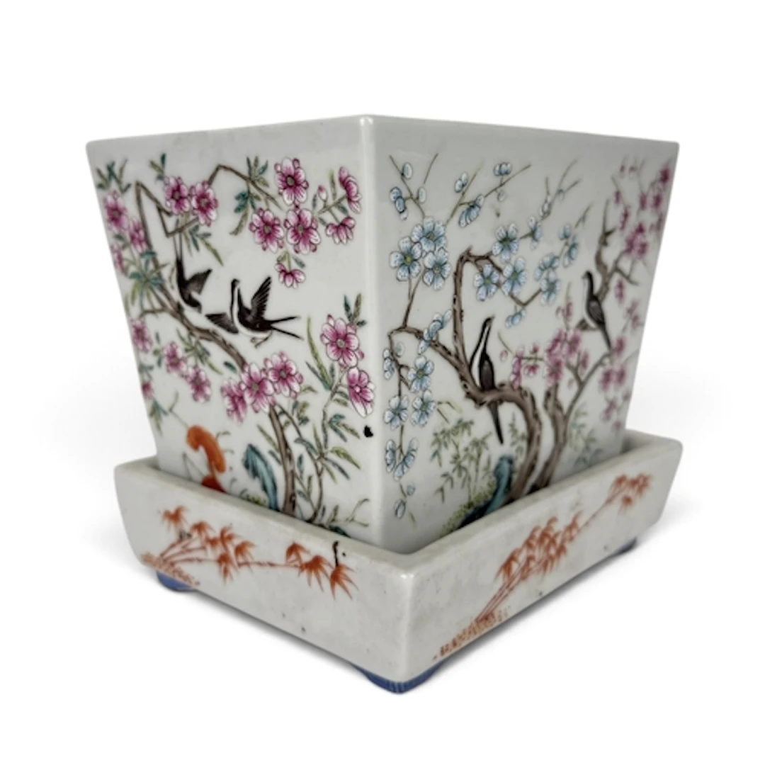 A CHINESE REPUBLIC PERIOD RECTANGULAR JARDINIERE ON STAND Th...