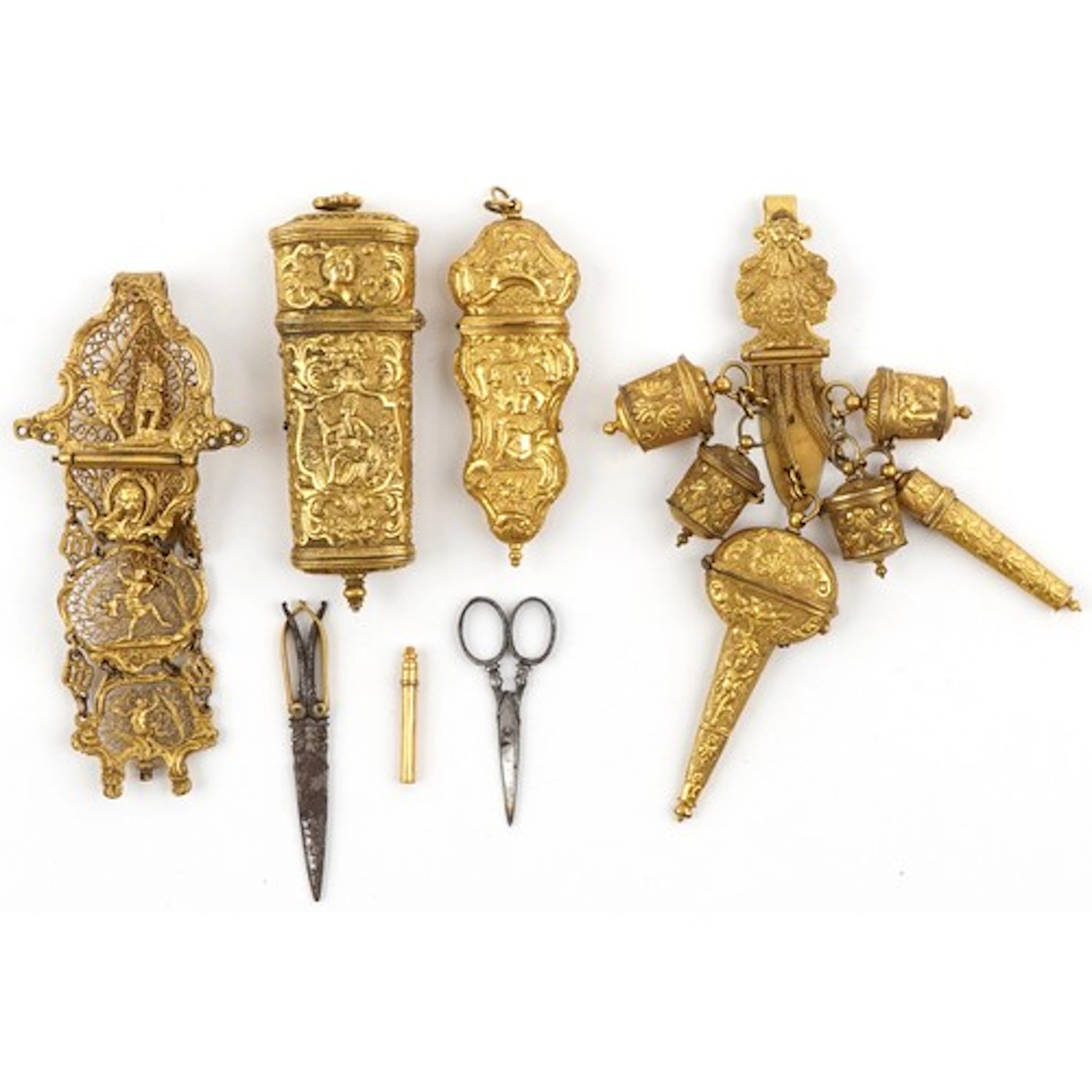 Two antique continental gilt metal chatelaines including a f...