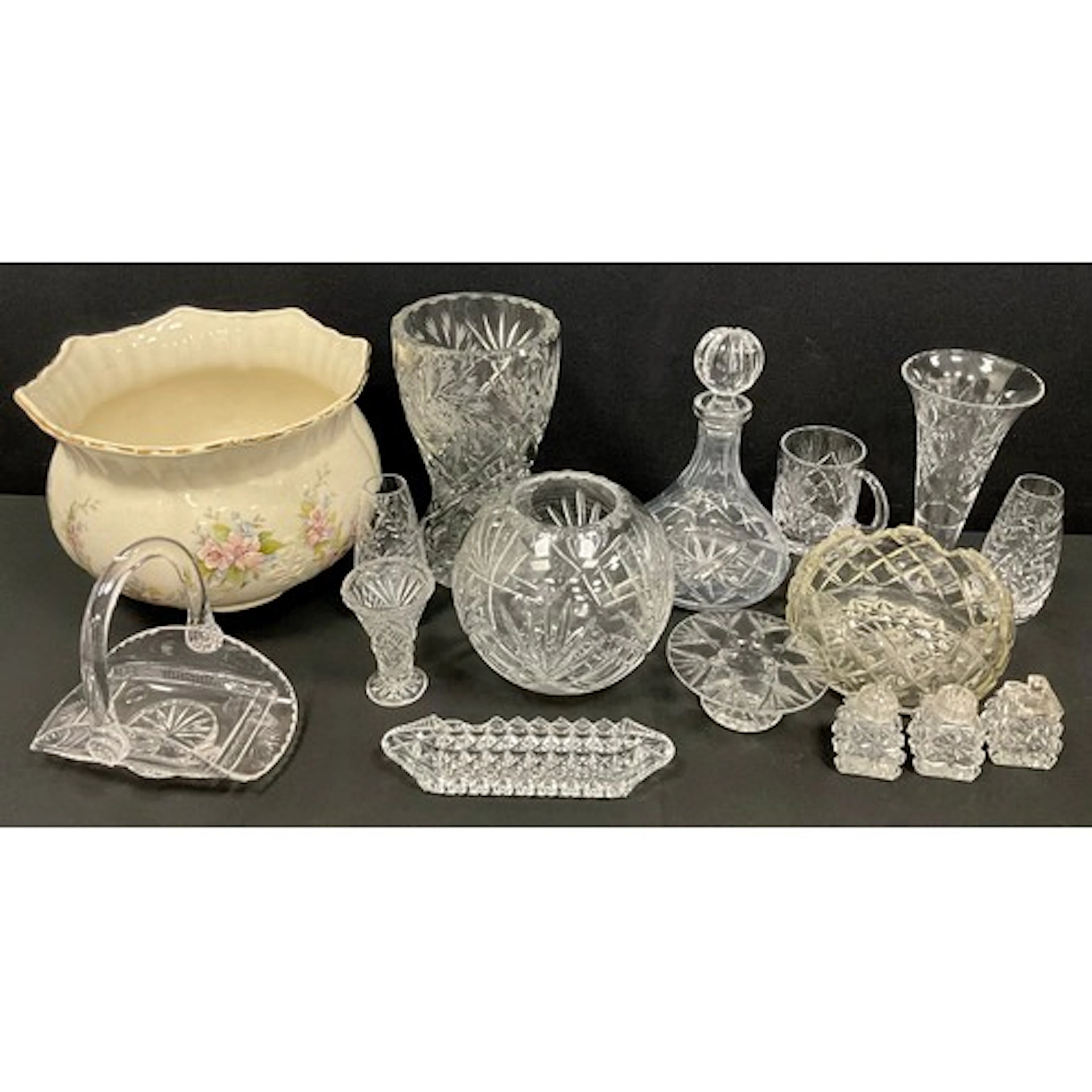 Glassware - a cut glass ships decanter, 24cm high; a cut gla...