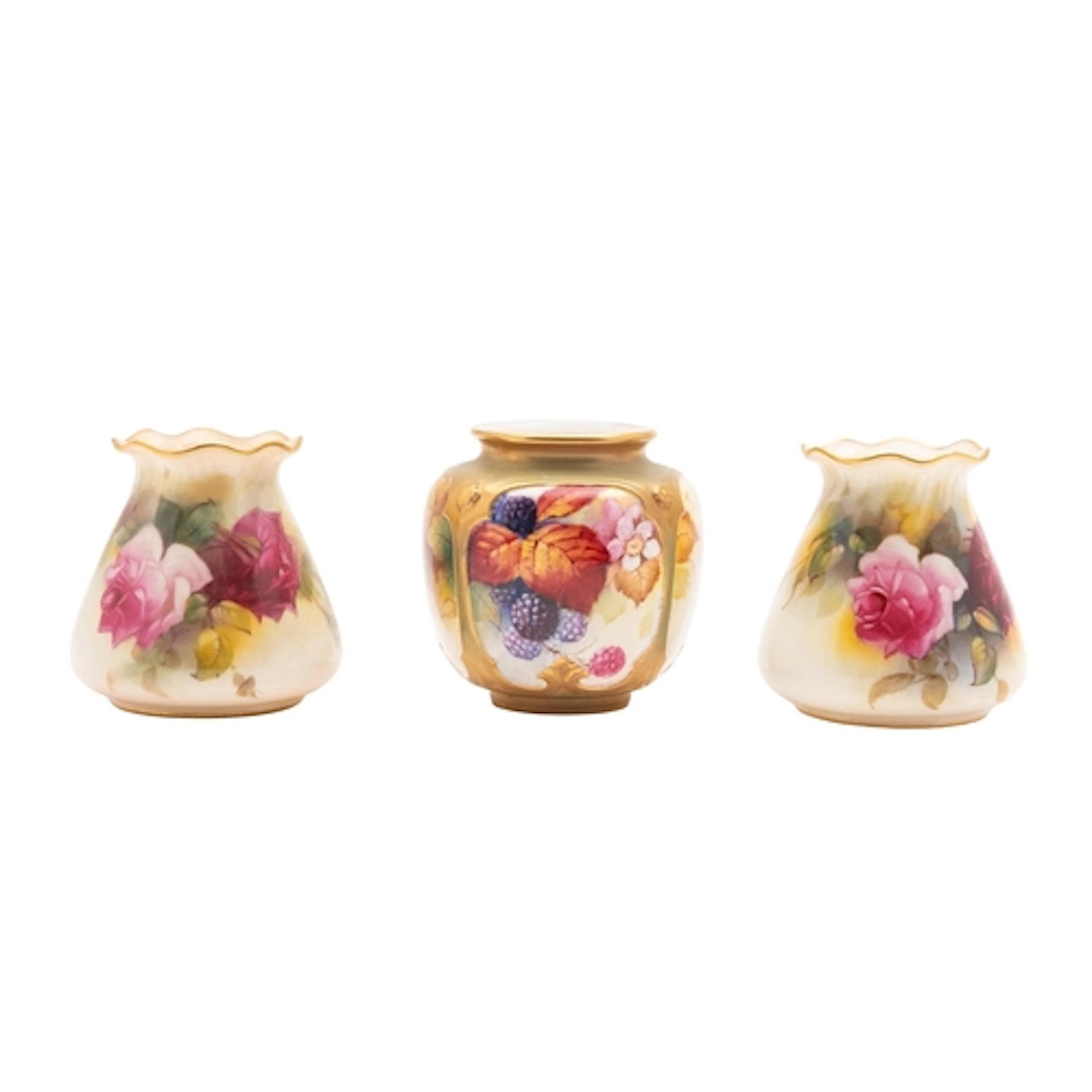 Three Royal Worcester porcelain vases comprising a pair deco...