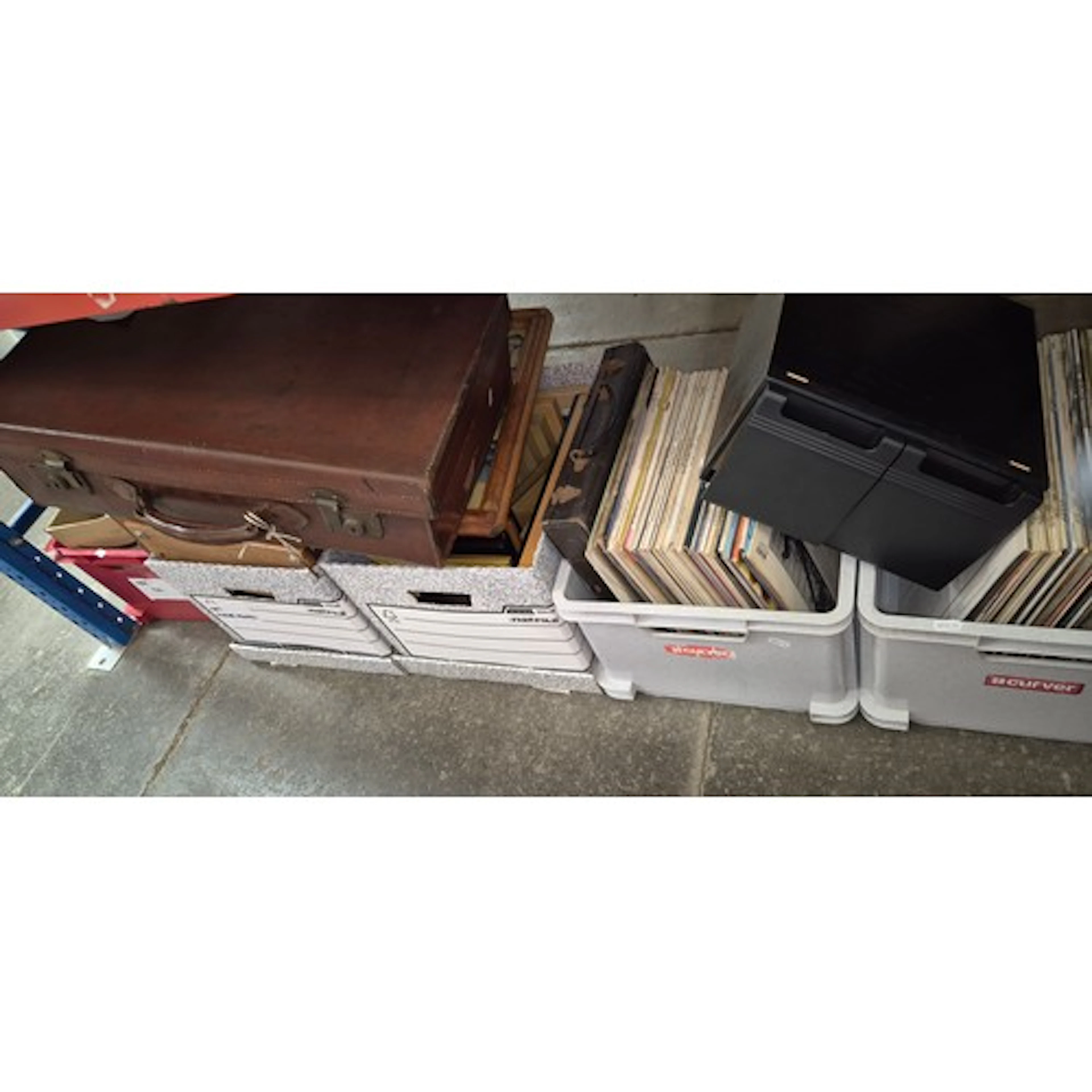 2 boxes of LPs and a CD/cassette box, a woven fire screen an...