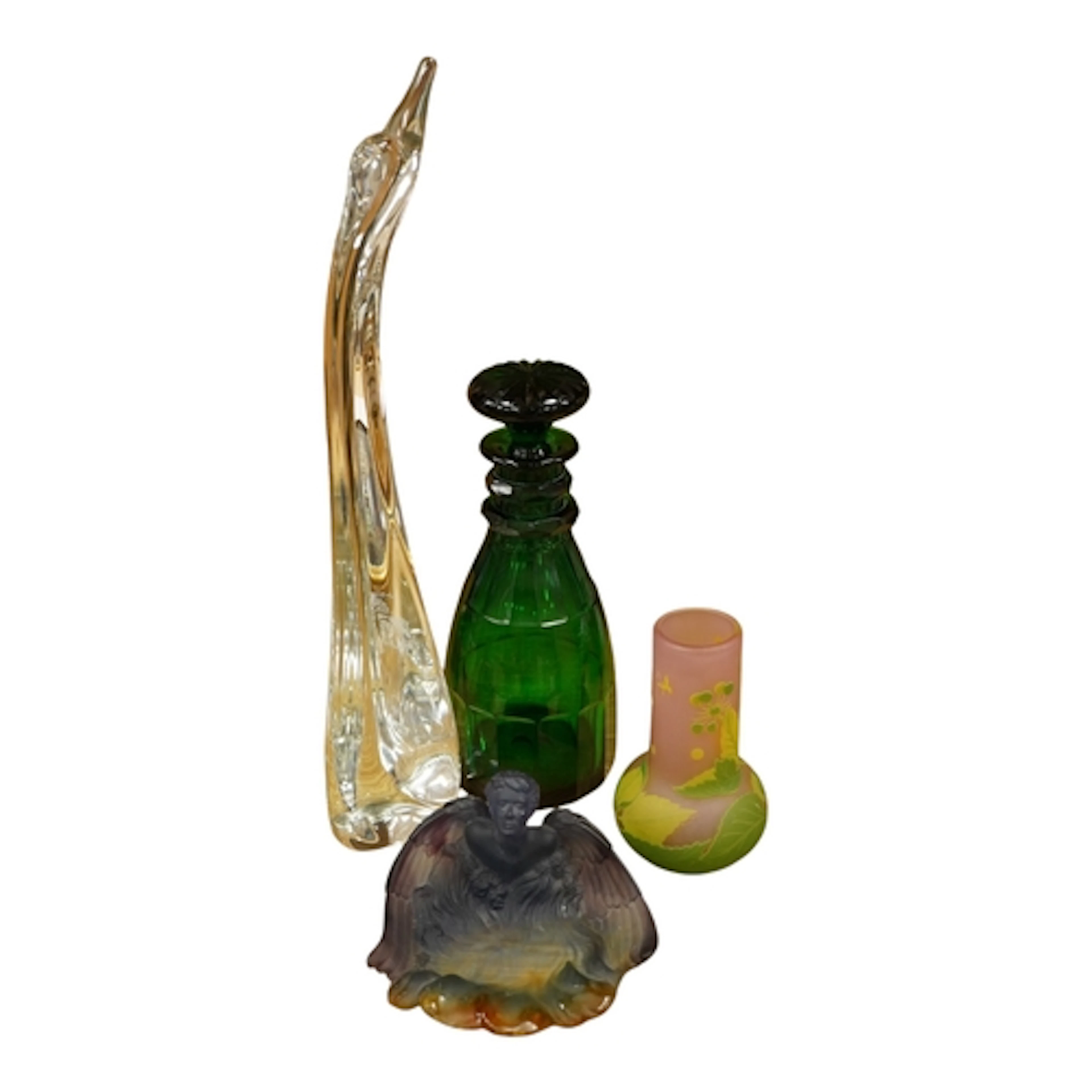 A Daum coloured glass dish formed as an angel with curled wi...