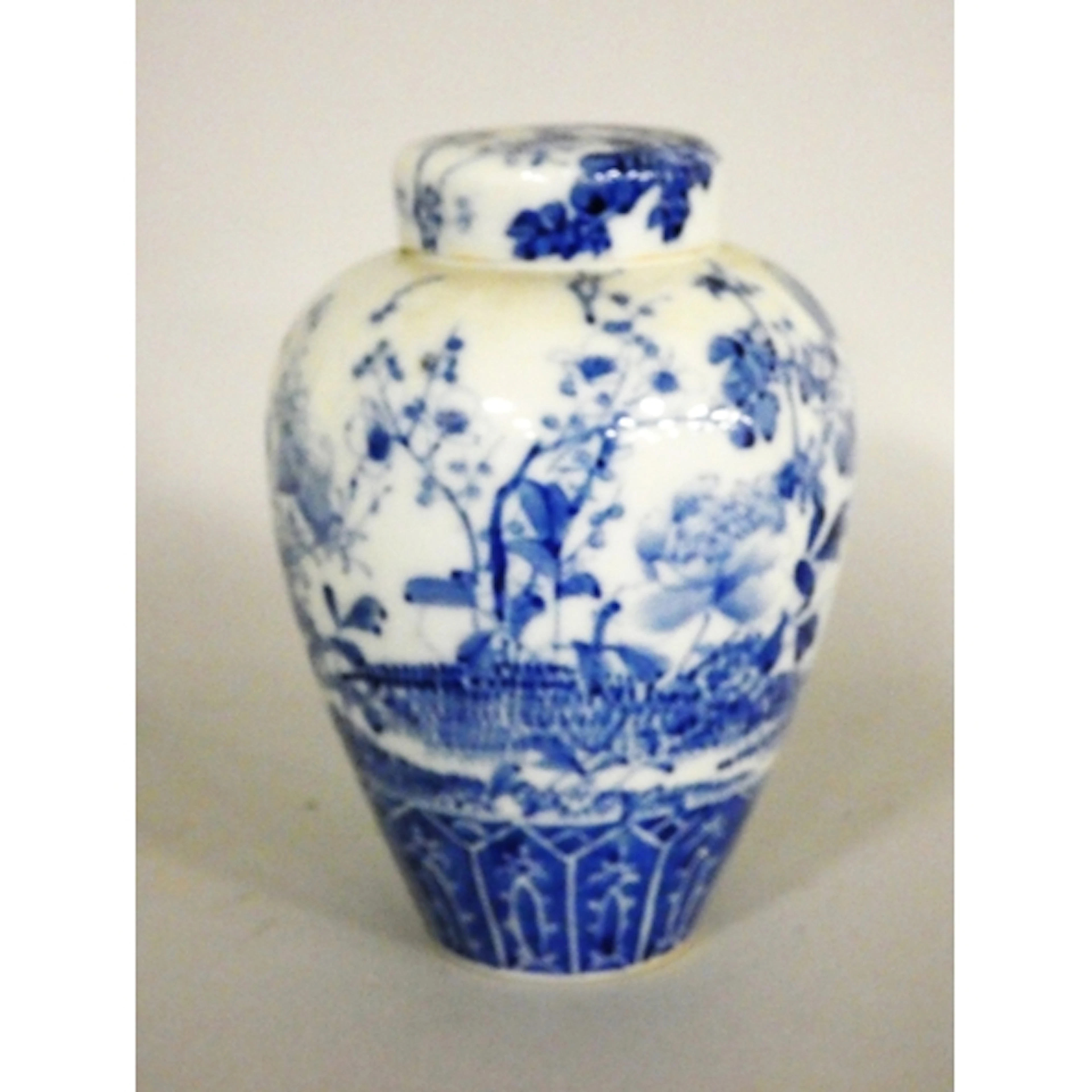 Japanese blue and white porcelain oviform vase with cover, M...