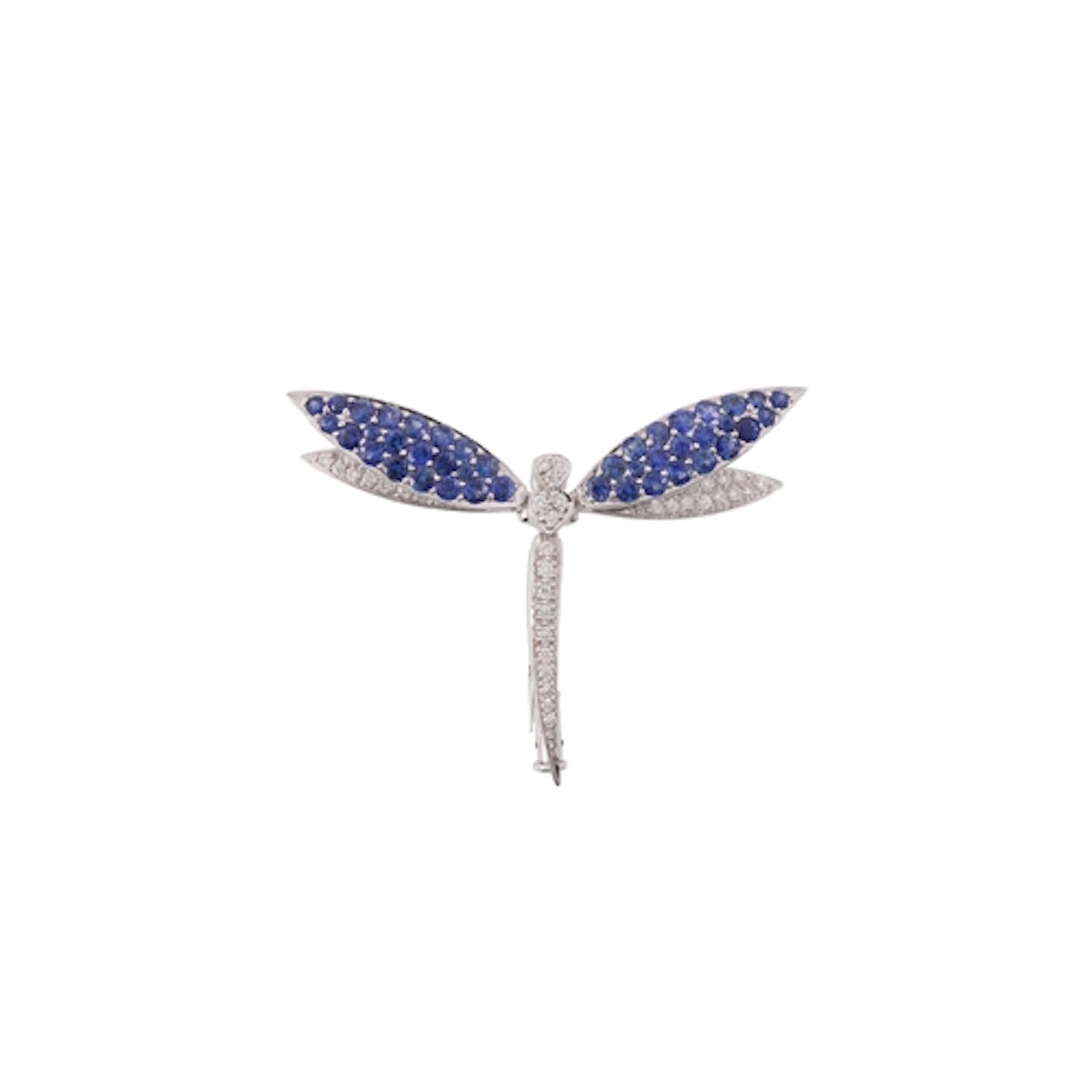 A sapphire and diamond dragonfly brooch, the dragonfly's win...