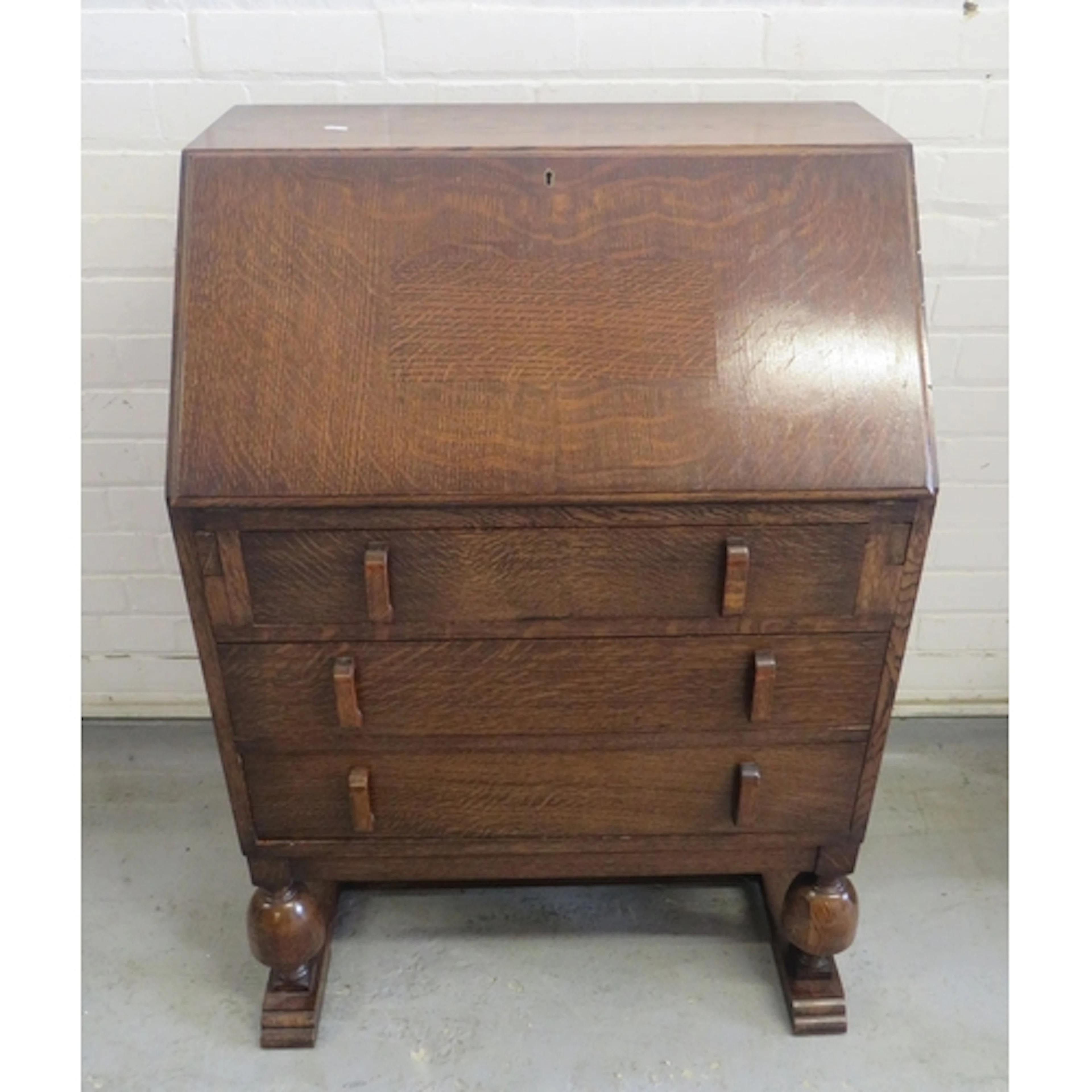 Vintage Mid Oak Writing Bureau, fall enclosing blue gilt too...