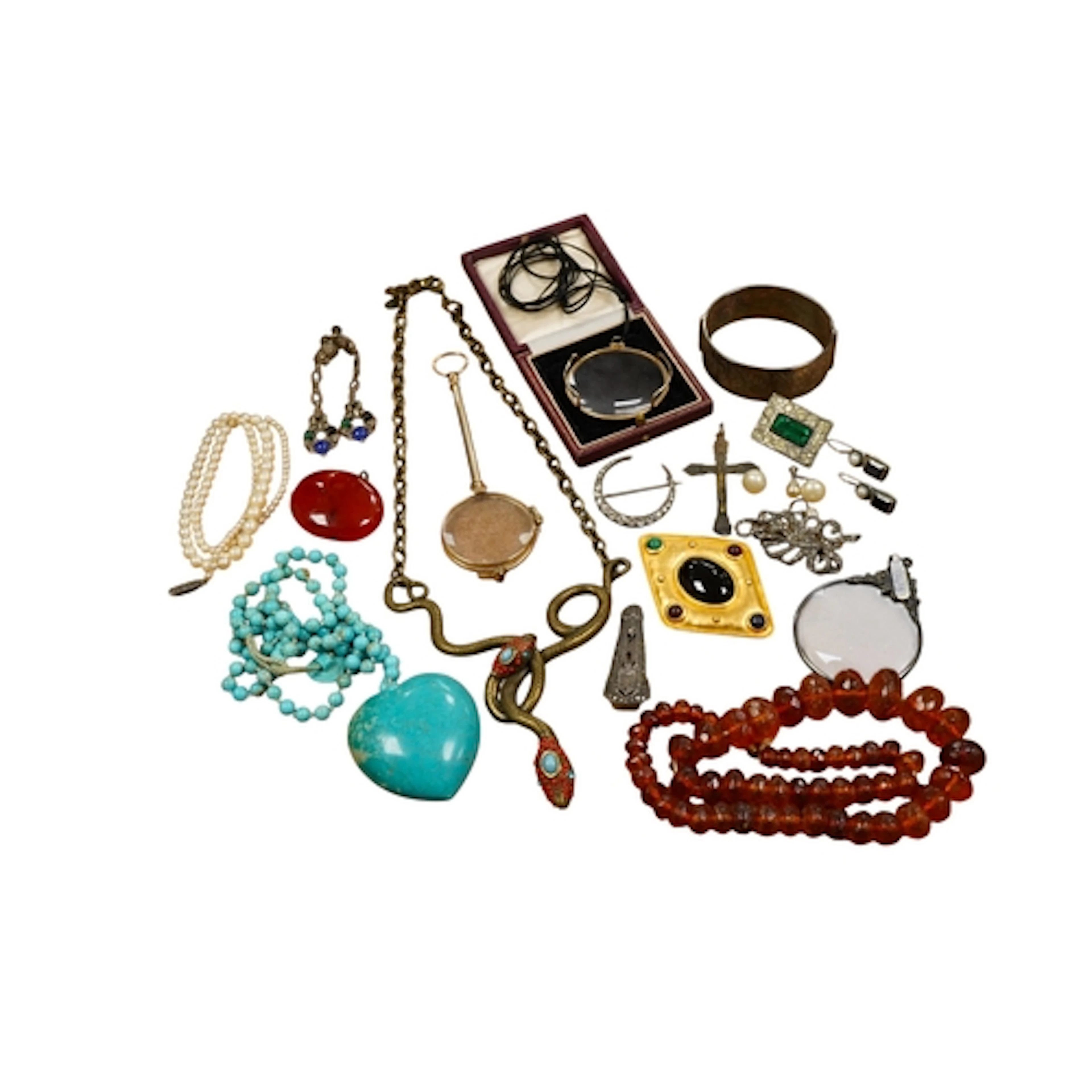 A pair of rolled gold lorgnettes, an eye glass on chord, an ...