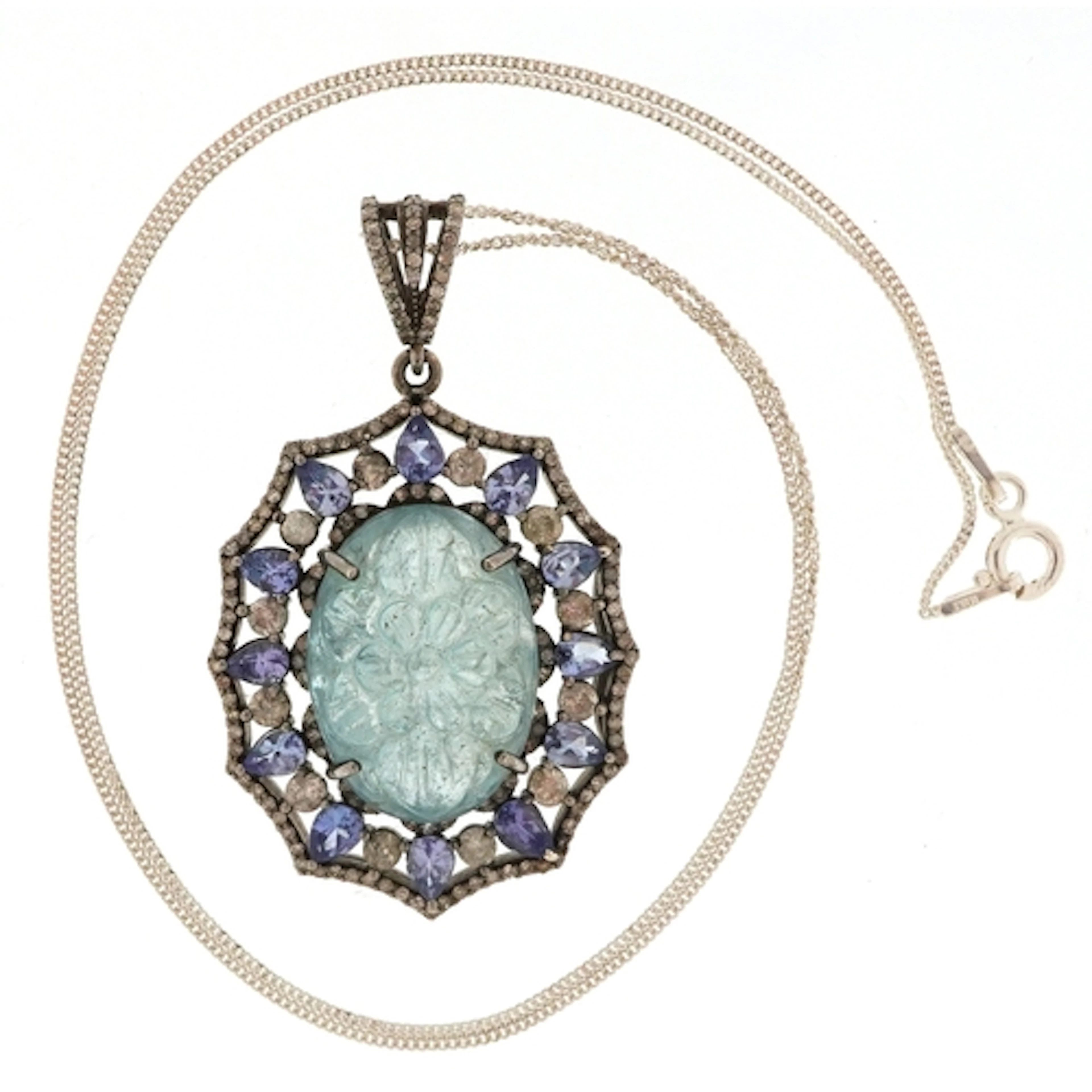 Silver floral engraved cabochon aquamarine, tanzanite and di...