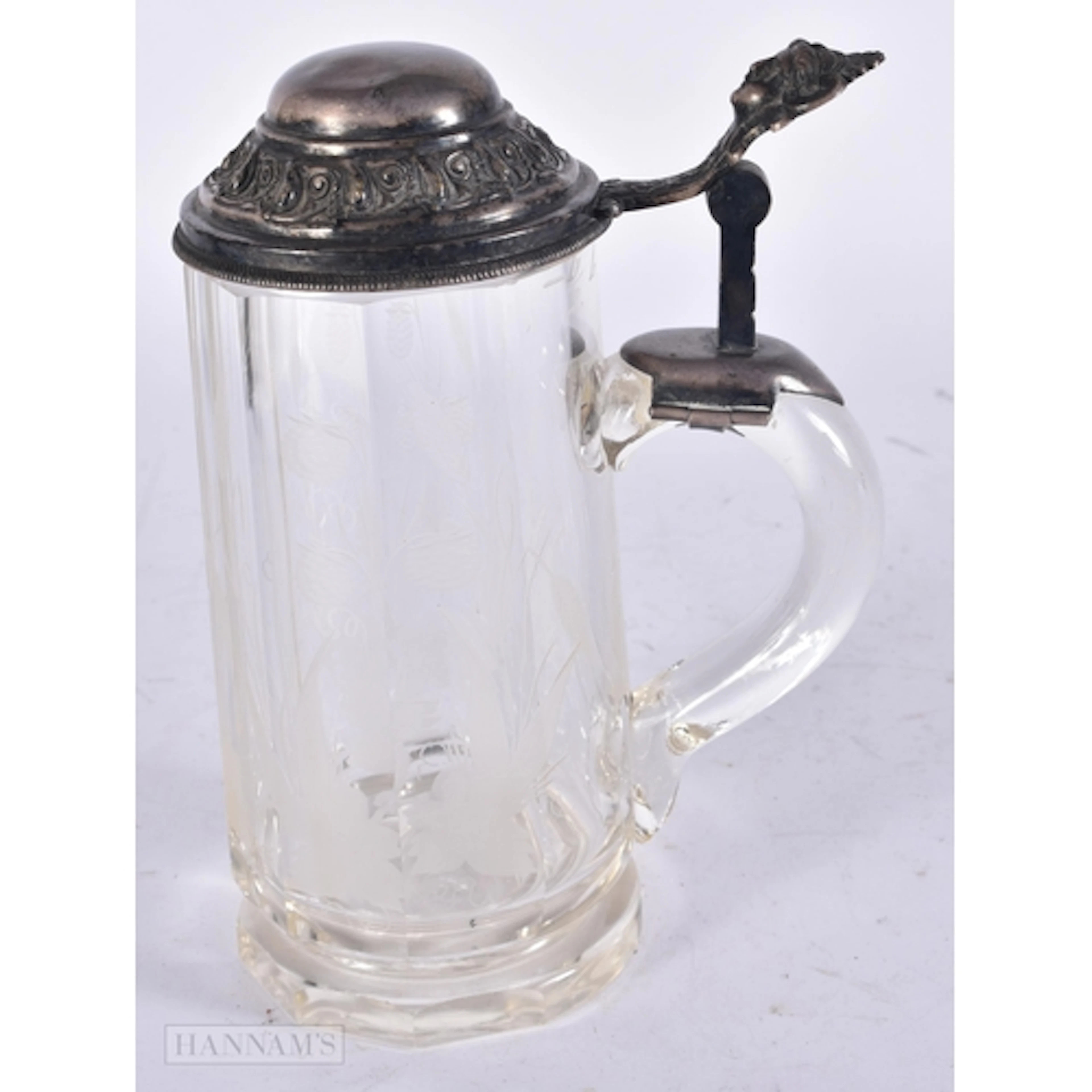A SILVER AND ENGRAVED GLASS STEIN. 19 cm high.