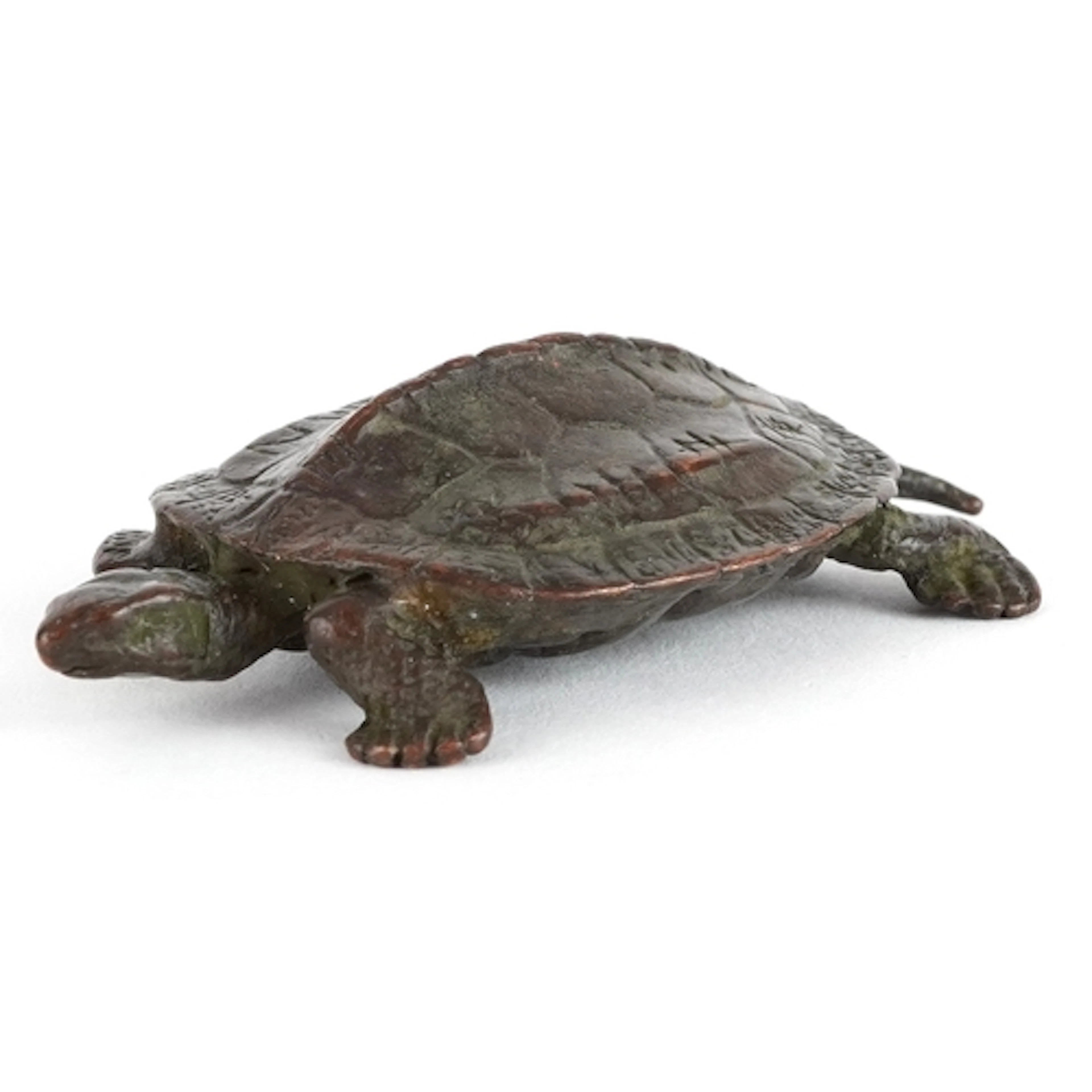 Japanese patinated bronze okimono of a turtle, character mar...