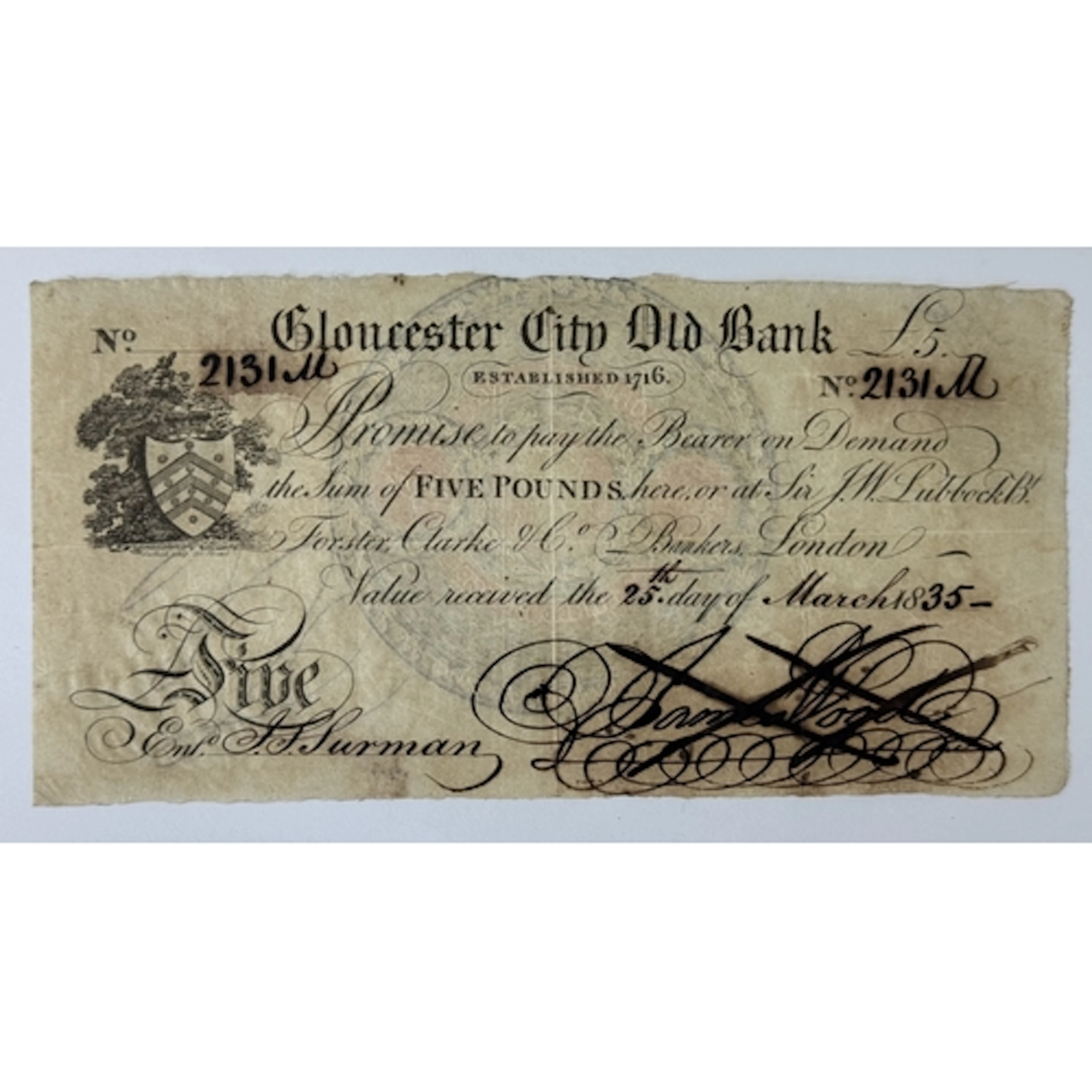 Banknotes: Gloucester City Old Bank £5 note For J P Surman, ...