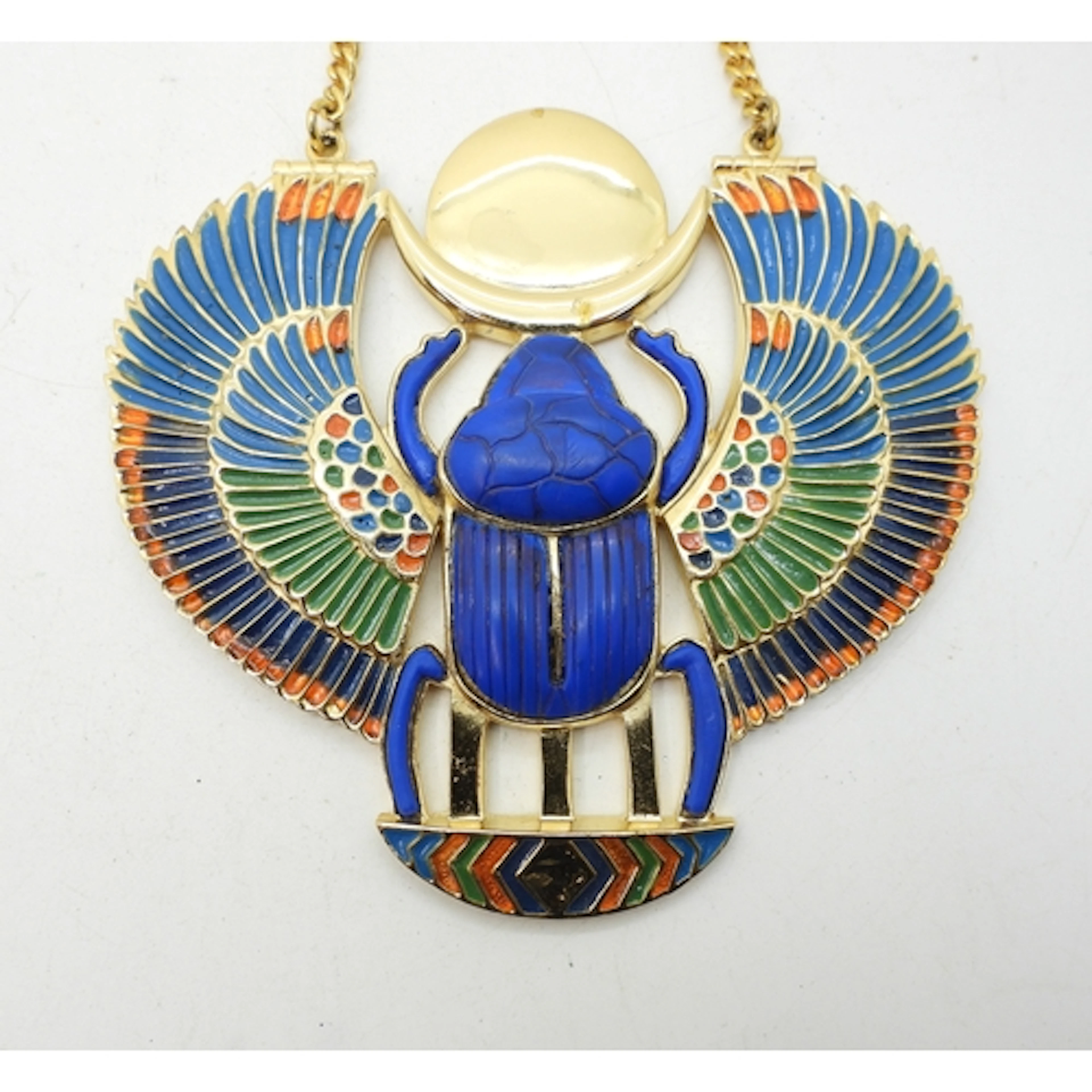 A Tutankhamun scarab Beetle necklace. Made for the 1972 Brit...