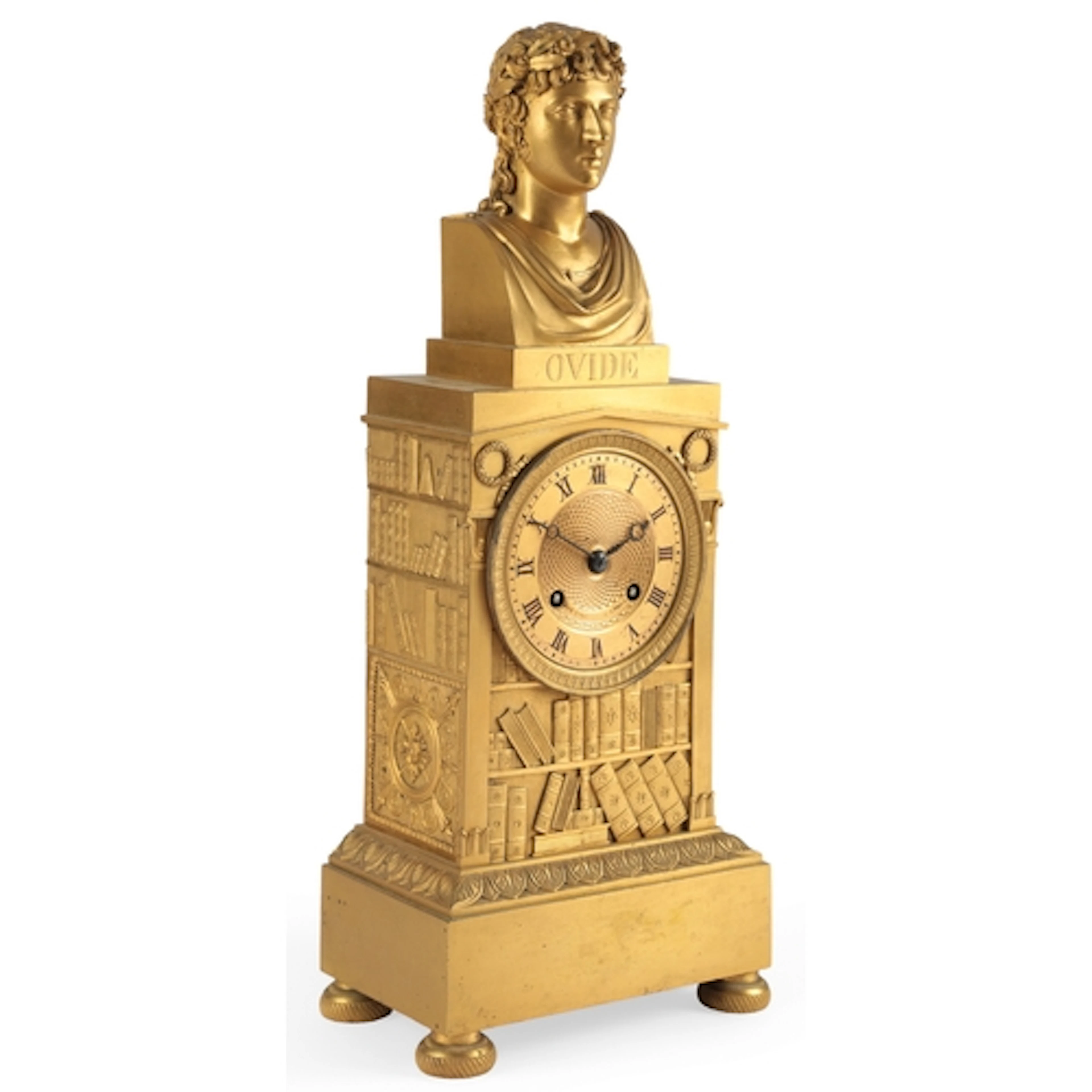 A French ormolu mantel clock, surmounted with a bust of Ovid...