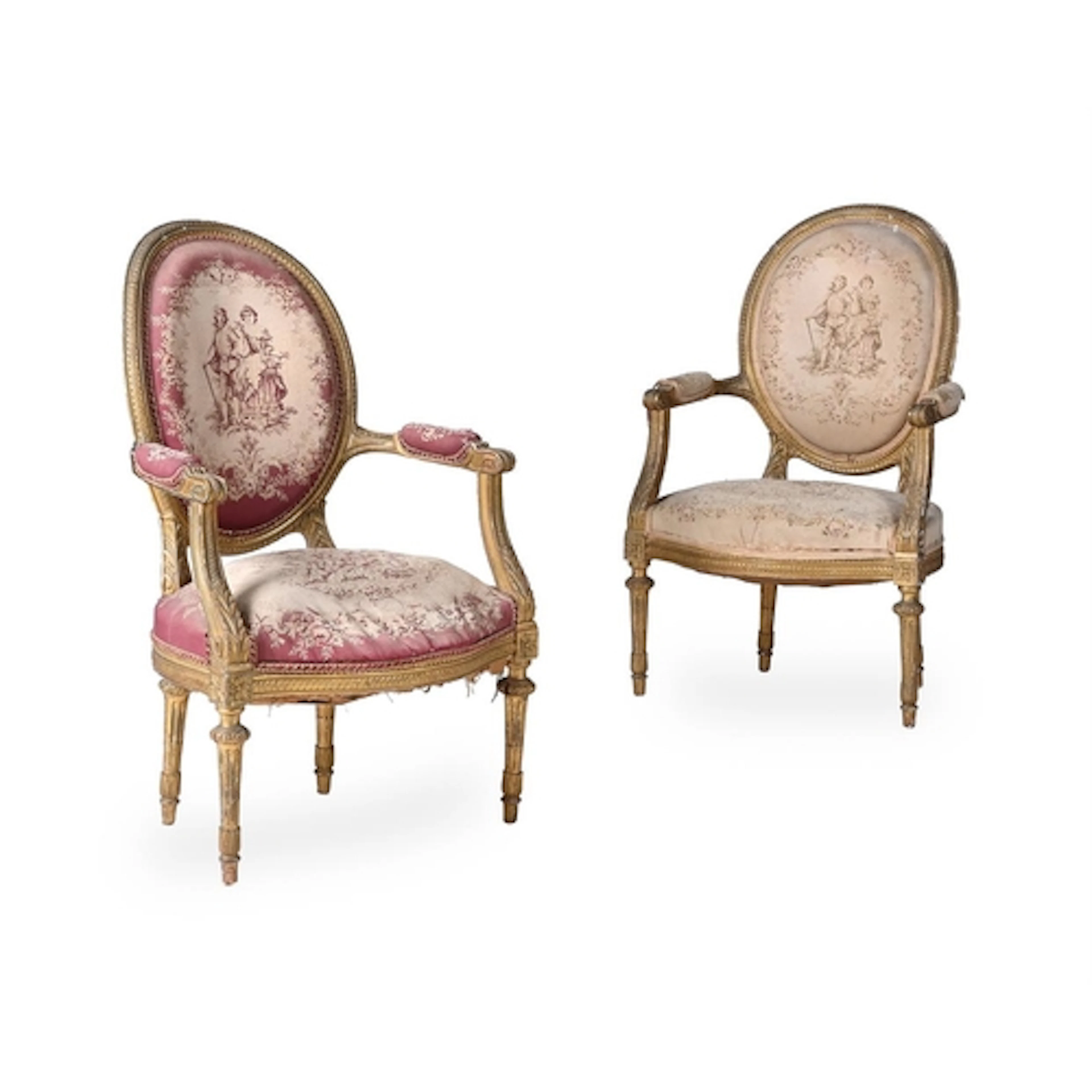 A pair of carved wood and gilt gesso fauteuils, in Louis XVI...
