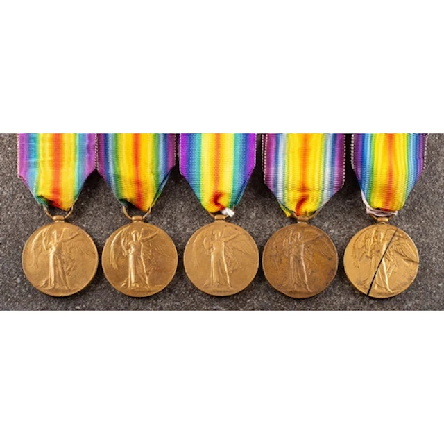 Five George V Victory Medals 'T-2400 Dvr J Ridyard ASC' 'J3...